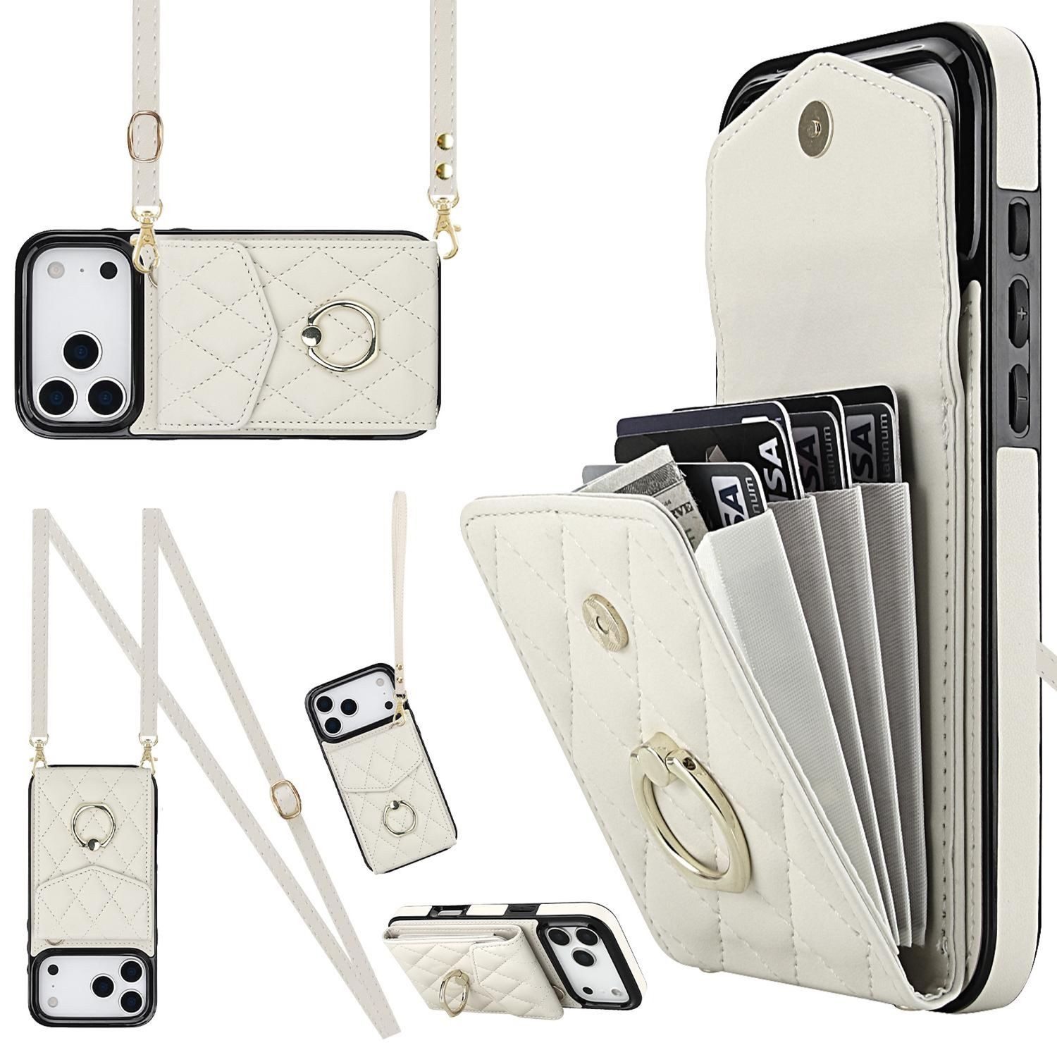 Wigento Handyhülle Für Apple iPhone 17 Pro Max Crossbody Kunstleder Rhombic Hülle Weiß, Mit Kartenfächern, RFID-Schutz, Gurt