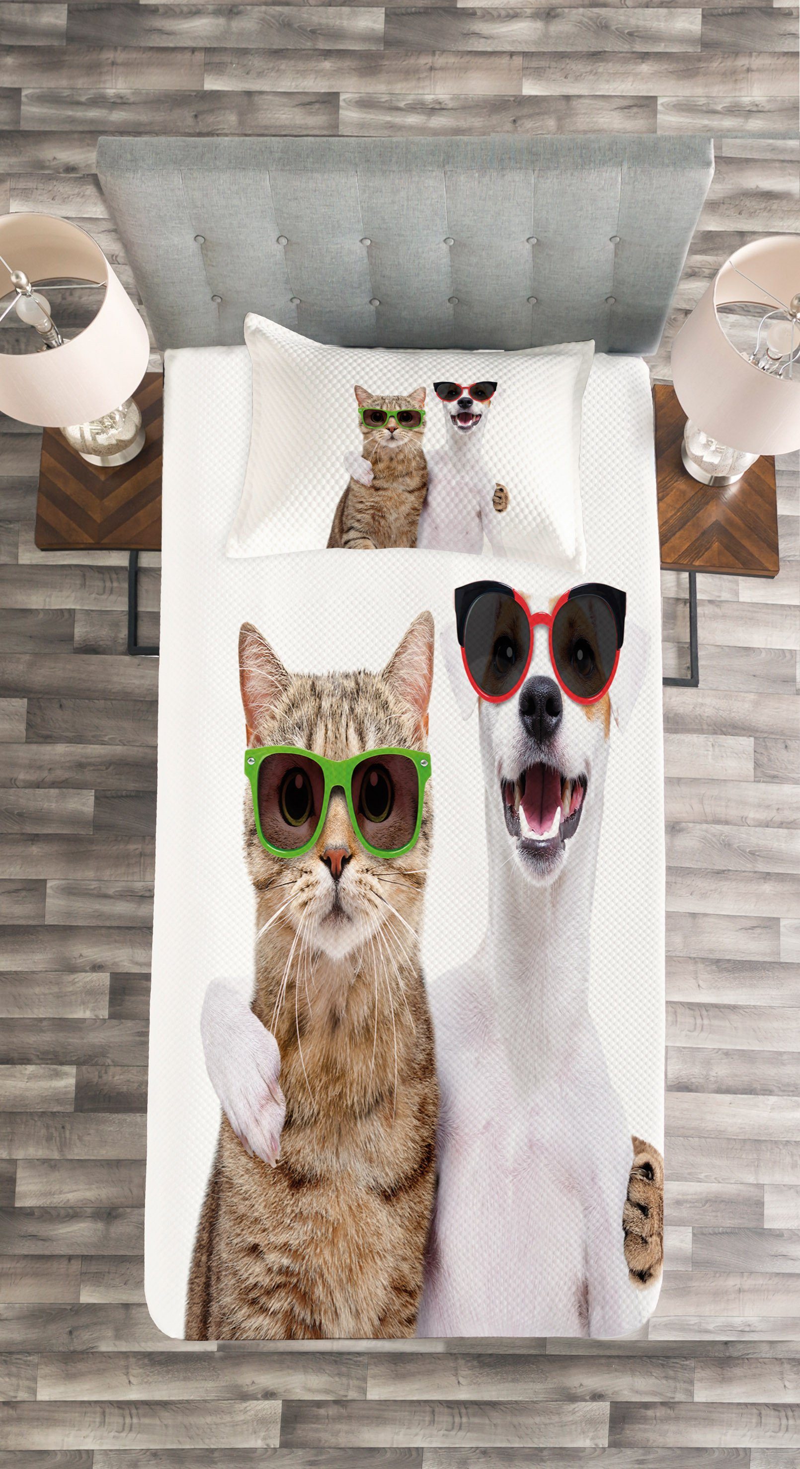 Tagesdecke Set mit Kissenbezügen und Katze Abakuhaus, Waschbar, in den Sonnenbrillen Katze Süße Hund