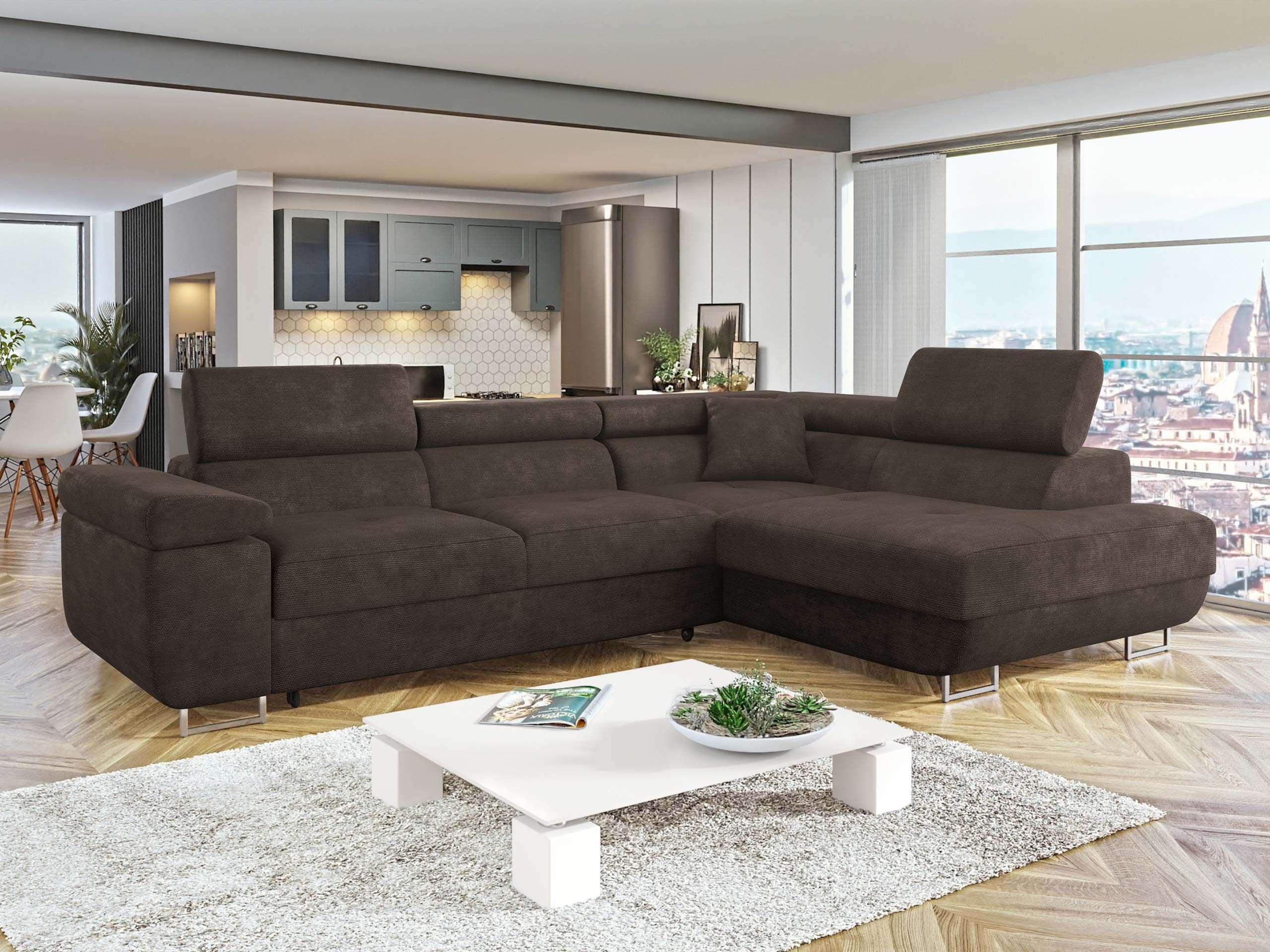 MIRJAN24 Ecksofa Torezio, mit Bettkasten und Schlaffunktion, Einstellbare Kopfstützen, 274x203x70-90 cm