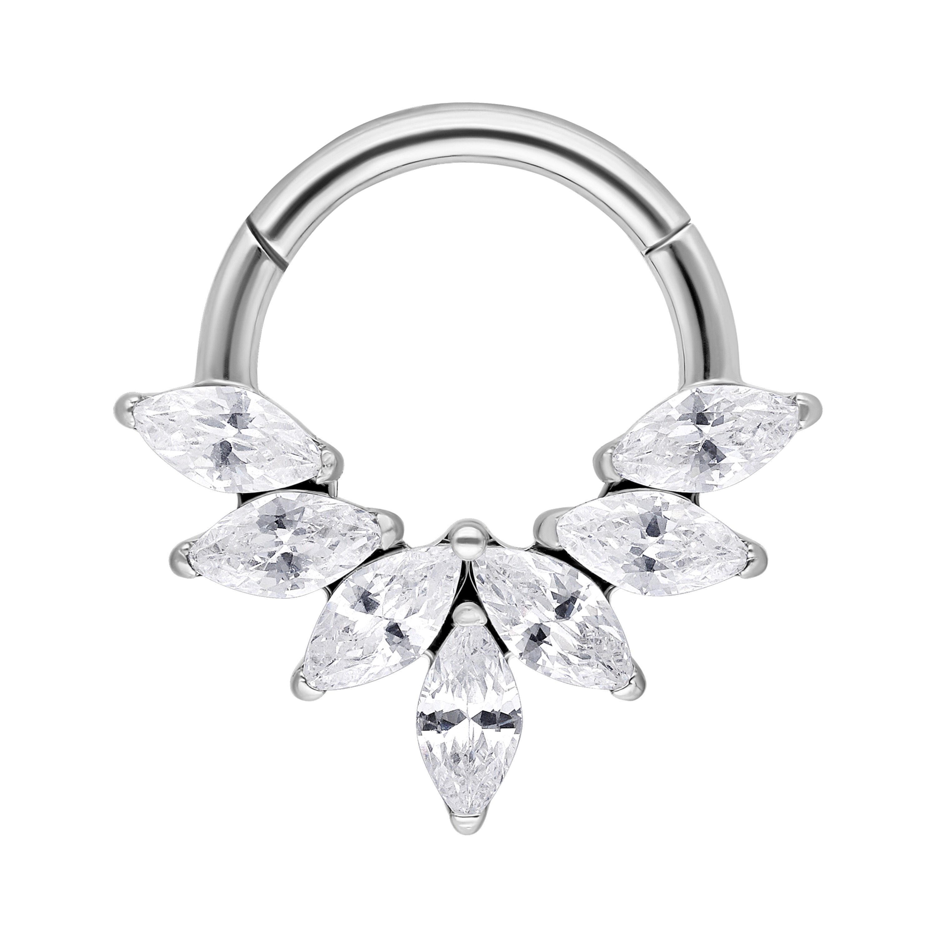 Wildcat Nasenpiercing Marquise Crystal Fan Septum Clicker für Ohr, Nase, 1 Stück, Titan Grad 23 - wasserfest, hautverträglich, Silber