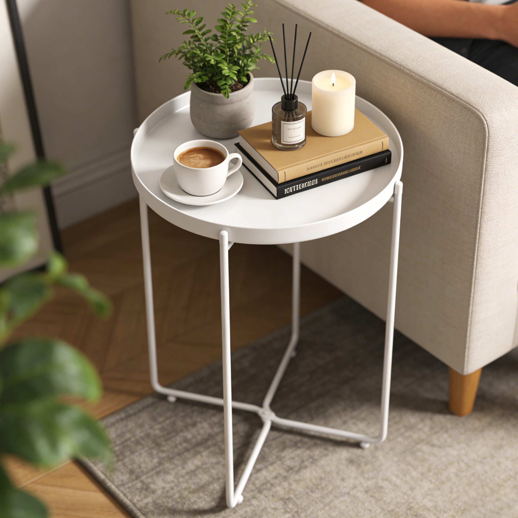 doporro Beistelltisch Couchtisch kleiner Tisch mit 1/2 geflochtenen Ablagen rund Reglo-08, Zwei Materialien zur Auswahl