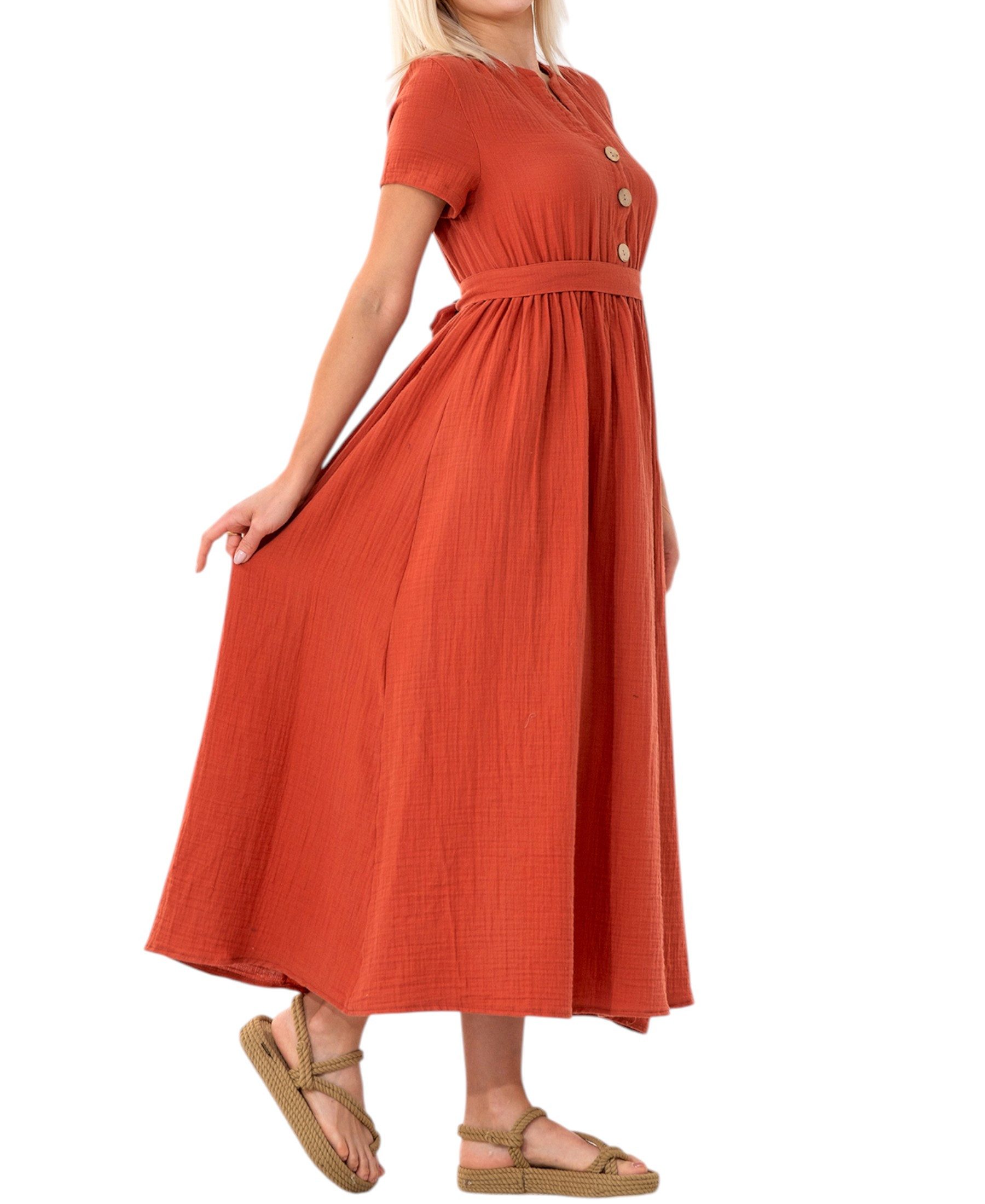 WENOR Sommerkleid Musselin Boho Kleid mit Knopfleiste & Taillenband, Freizeitkleid (1-tlg) Vorn mit Holzknöpfen, Bindegürtel an der Taille – Bild 5 von 5