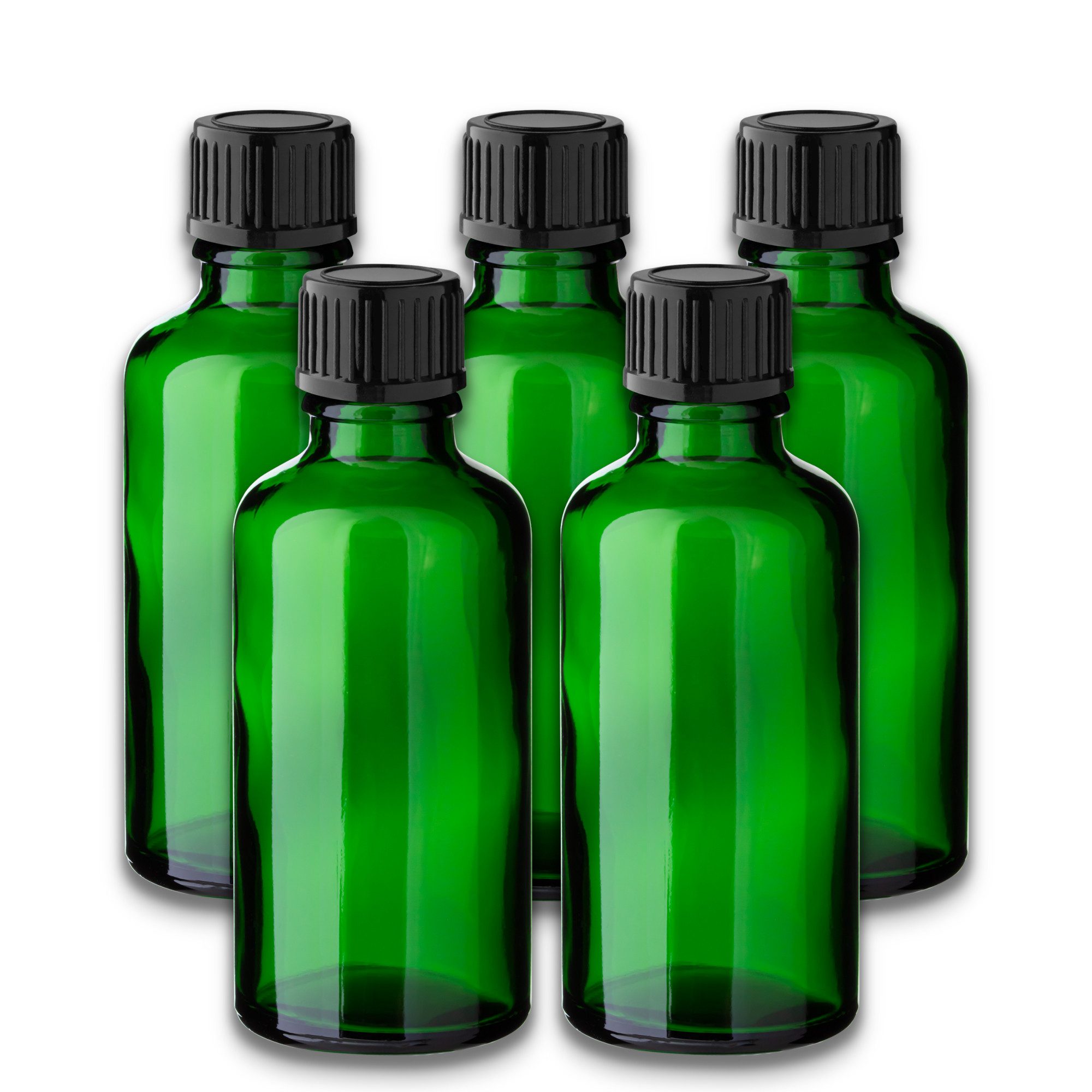 CK Verpackung GmbH Leerglas 5x Grüne Glasflasche 50 ml mit schwarzem PP-Schraubverschluss 18/415 (Set x5)