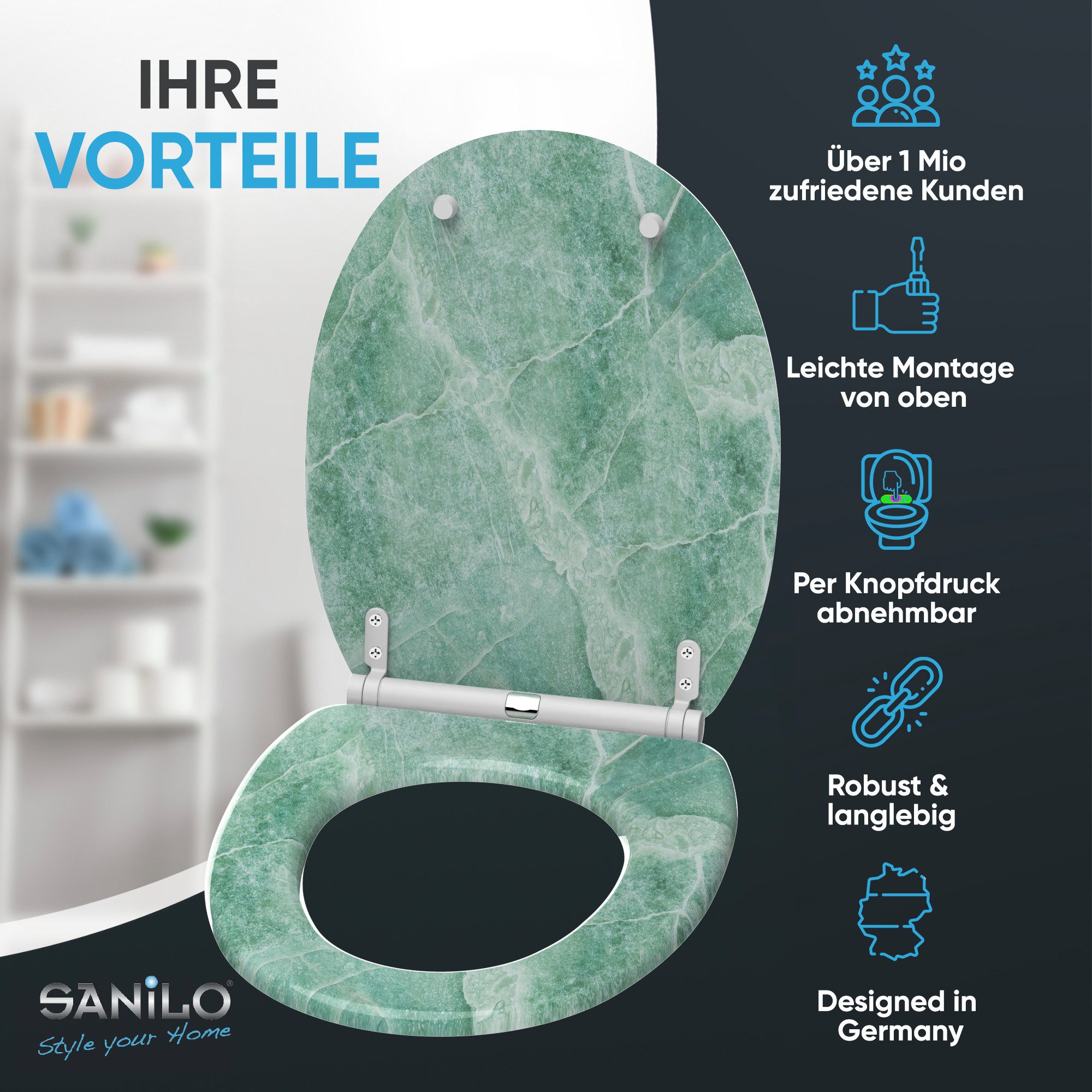 Sanilo WC-Sitz Marmor Grün mit Absenkautomatik & Quick Release, Premium Toilettendeckel, abnehmbar, leichte Montage von oben – Bild 2 von 5