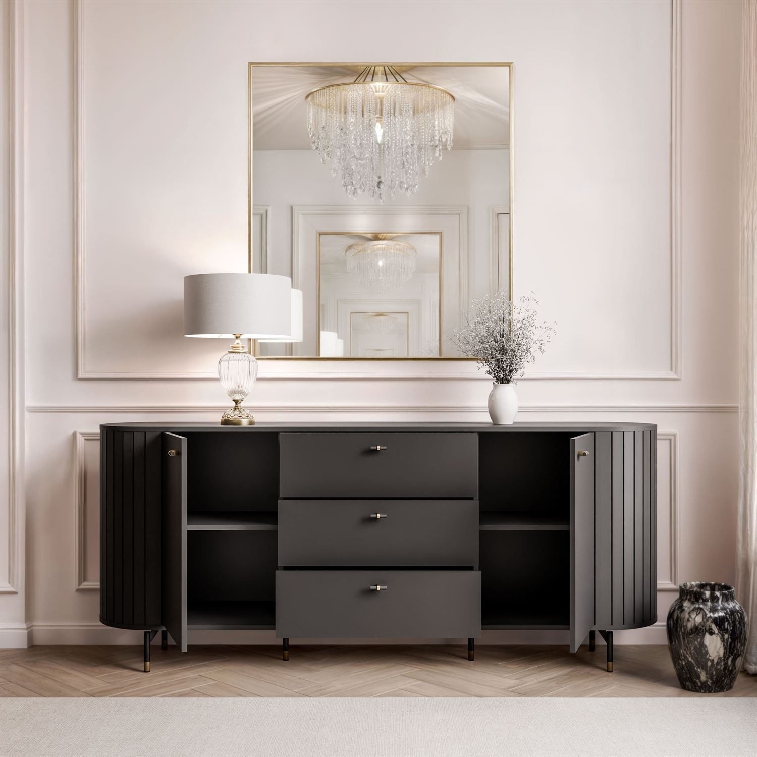 yourhouse24 Sideboard LINNEA 190cm 2D3S Runde Ecken Lamellen Kaschmir/Schwarz