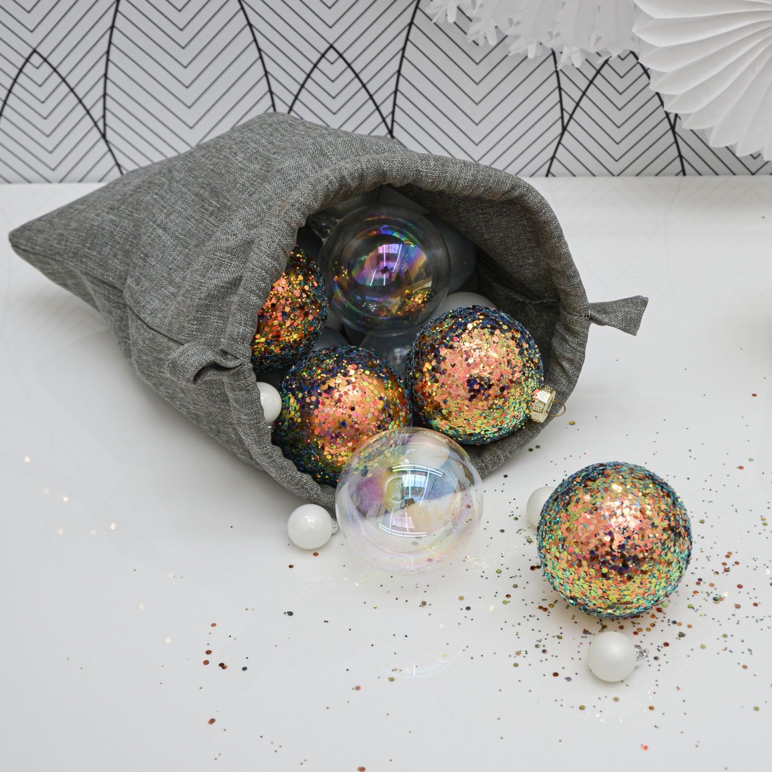 DuneDesign Geschenkpapier 6er Set Nordic Geschenkbeutel Weihnachten 32x32 cm, Stoffbeutel Groß zum Befüllen