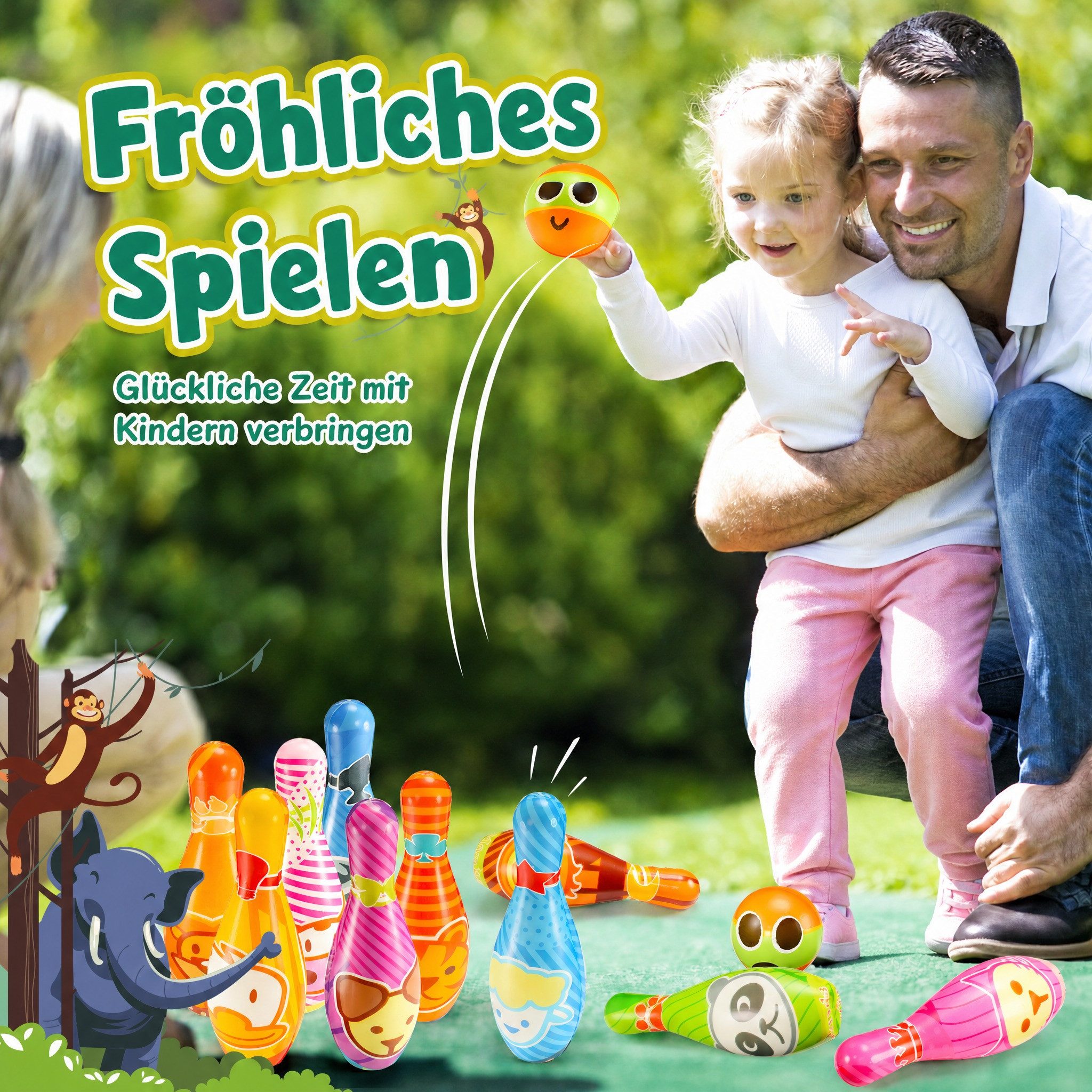 Wootoy Spiel Kinder Bowling-Set Spielzeug-Gartenset Outdoor-Spielzeug Kegelspiel, Kinderspiel, mit 10 nummerierten Kegeln und Ball