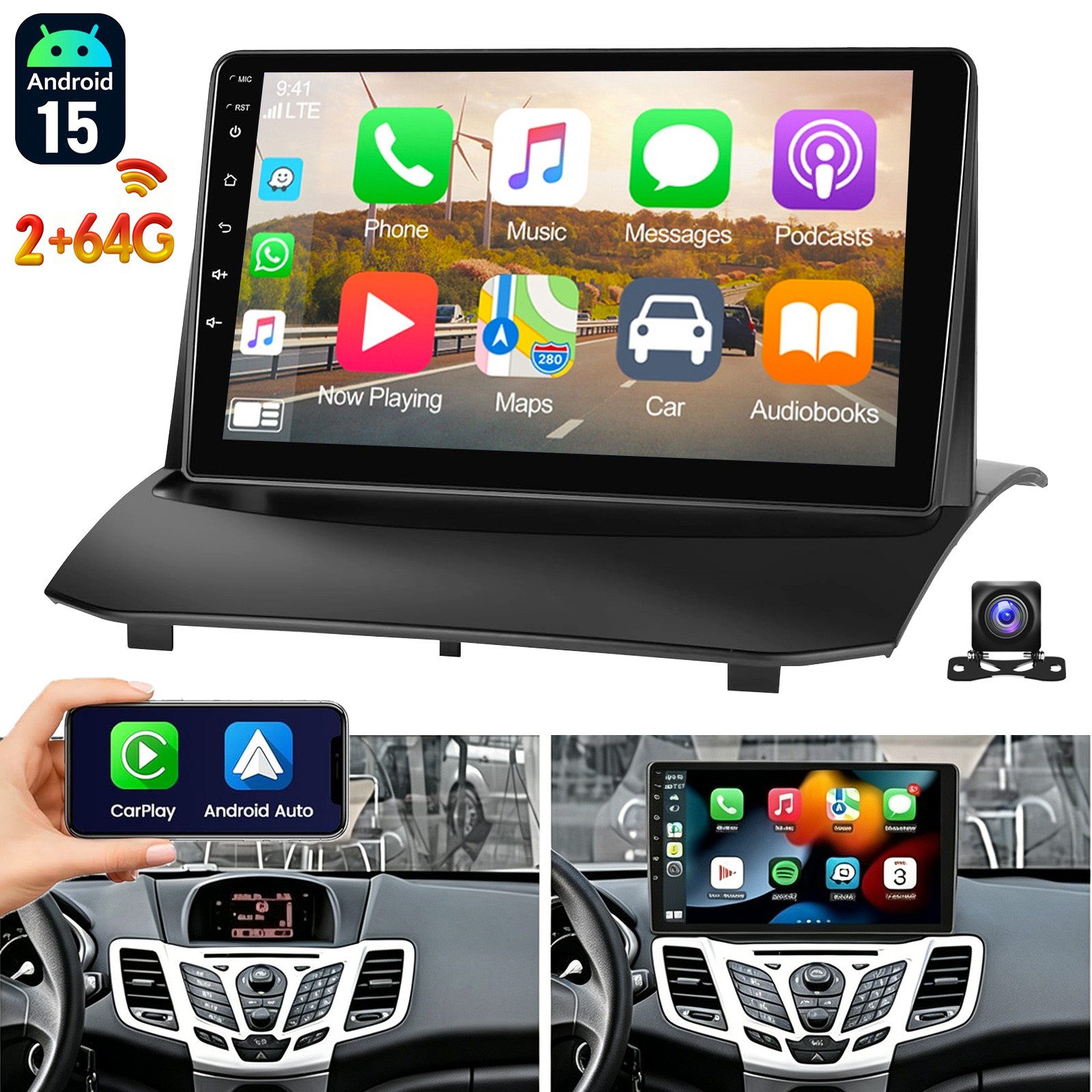 ESSGOO DAB+ Android 15 Autoradio GPS Navi WIFI Für Ford Fiesta MK6 2009-2017 Autoradio (4+64GB(optional), FM, AM, DAB+ (optional), Apple Carplay & Android Auto,Bluetooth EQ USB Touchscreen SWC)