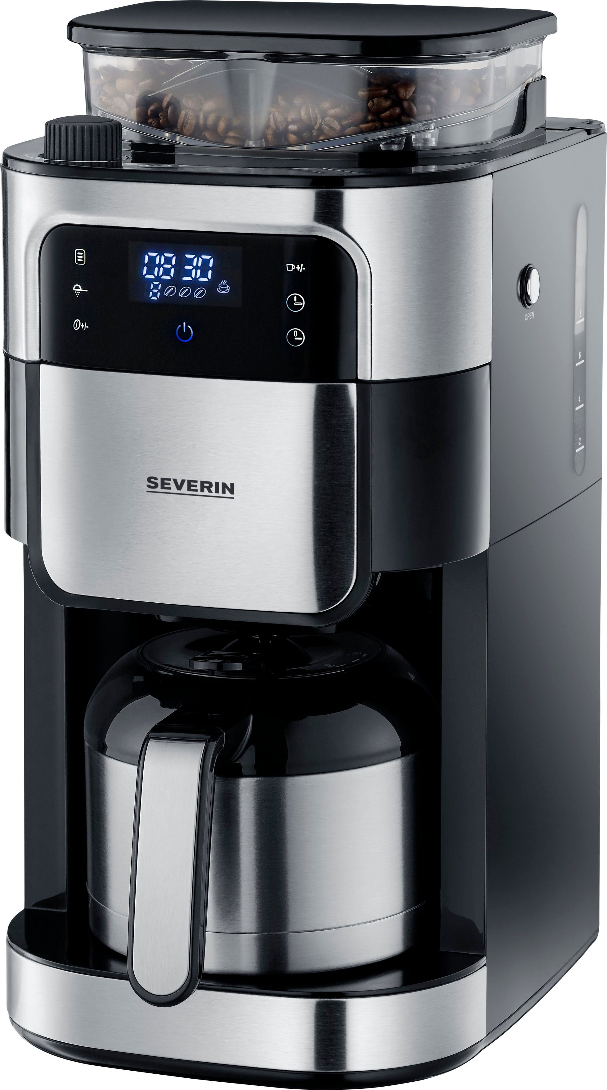 Severin Kaffeemaschine mit Mahlwerk KA 4814, 1l Kaffeekanne, Permanentfilter 1x4, mit Mahlwerk, Schwenkfilter, LED-Touch-Display, Timerfunktion