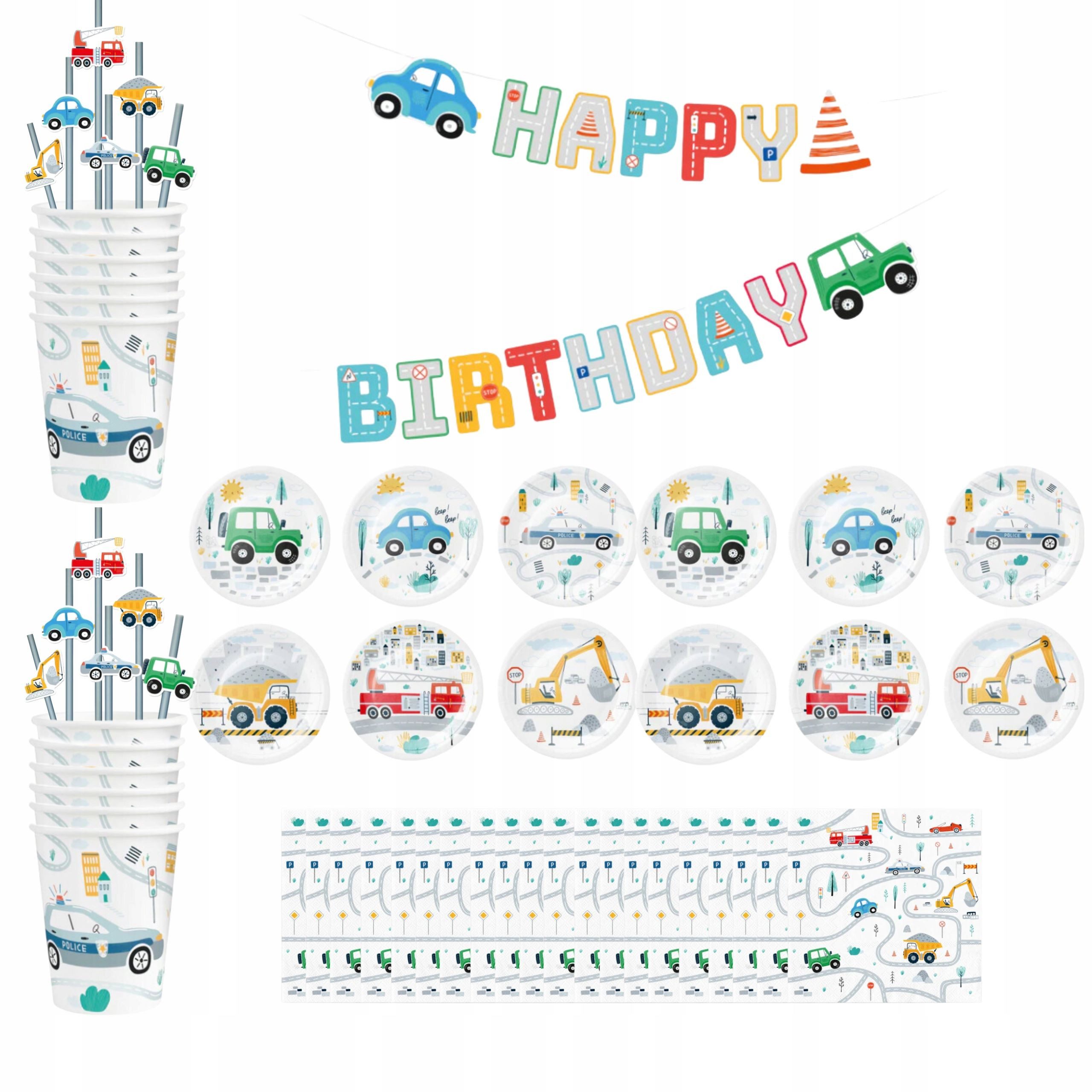 PartyPal Pappteller Komplett-Set Kindergeburtstag Auto 57 Teile – Teller, Becher