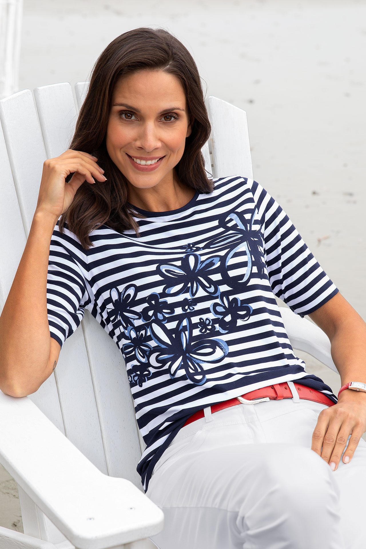 Rabe Rundhalsshirt im Streifen-Design und mit floralem Muster günstig online kaufen