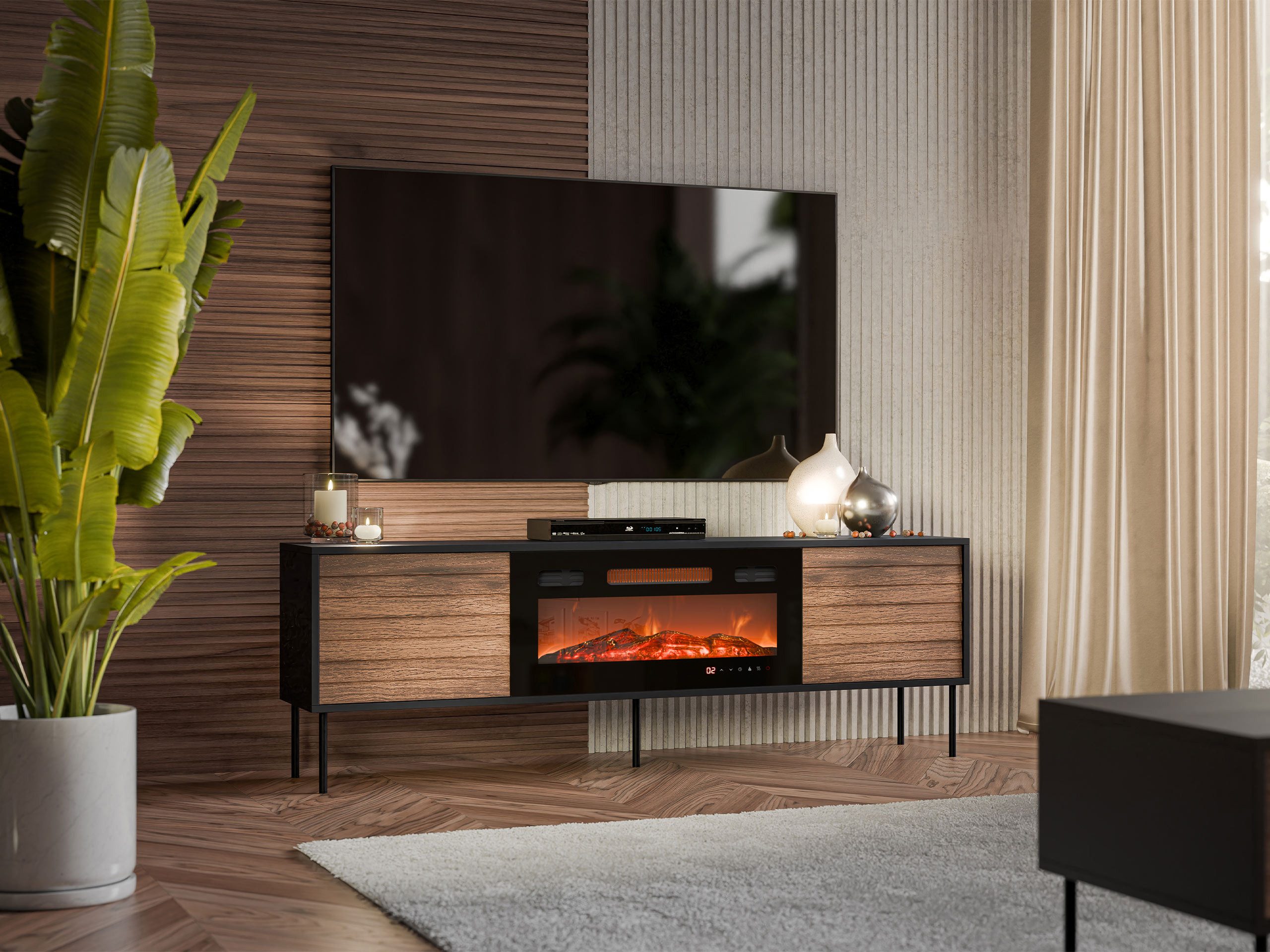 MIRJAN24 TV-Schrank Cortina 180 mit Elektrische Kamin (mit zwei Drehtüren) Schwarze Stahlfüße, Realistische LED-Flamme