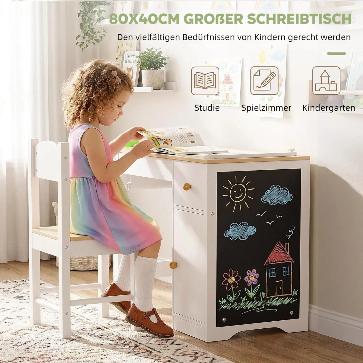 TLGREEN Kindersitzgruppe Kinder Tisch Stuhl Set 1 Stuhl 80×40×60cm, (Multifunktionaler Maltisch mit Kreidetafel & Papierrollenhalter, Viel Stauraum mit Schublad – Bild 5 von 5