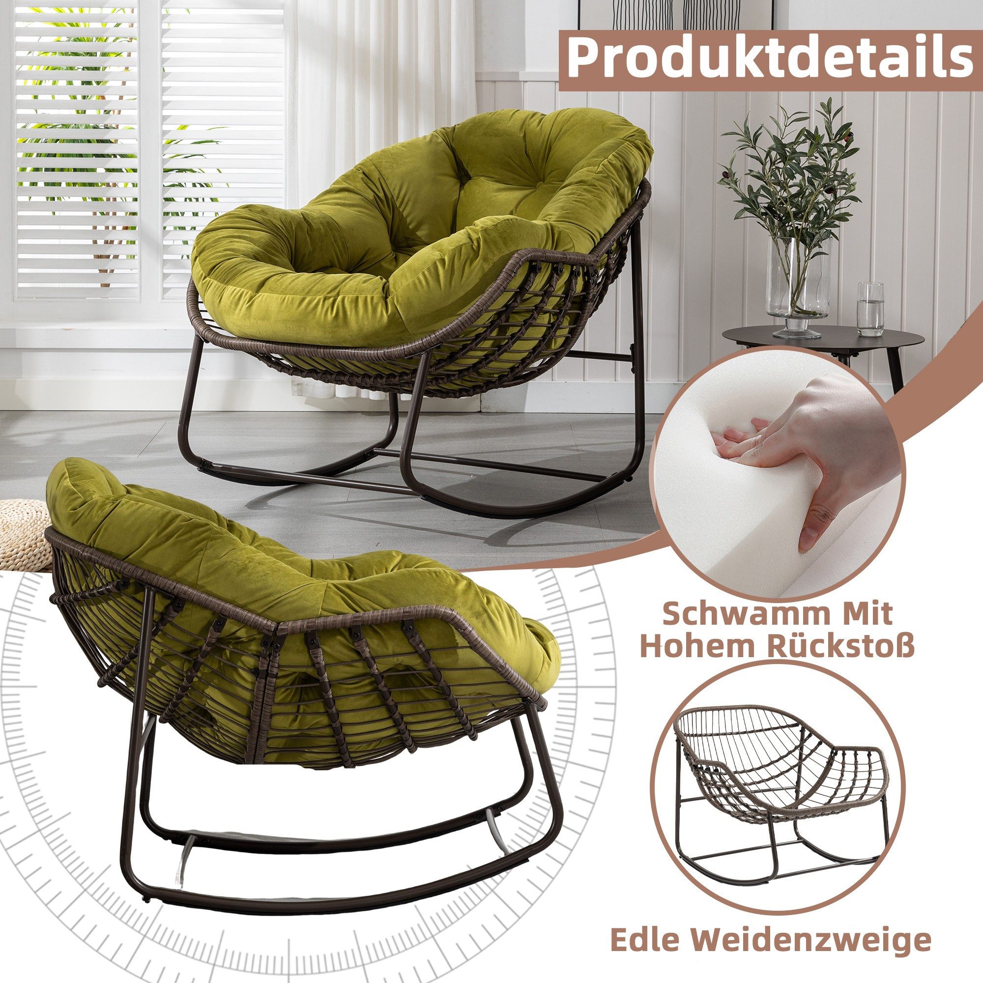 LVHOM Schaukelstuhl dick/gepolsterte Kissen, Rattanstuhl mit Stahlrahmen, Lounge Sessel (Großformat B110.5xT94.5xH80cm,160kg Tragfähigkeit,Dicke Kissen, MEHRE F – Bild 5 von 5