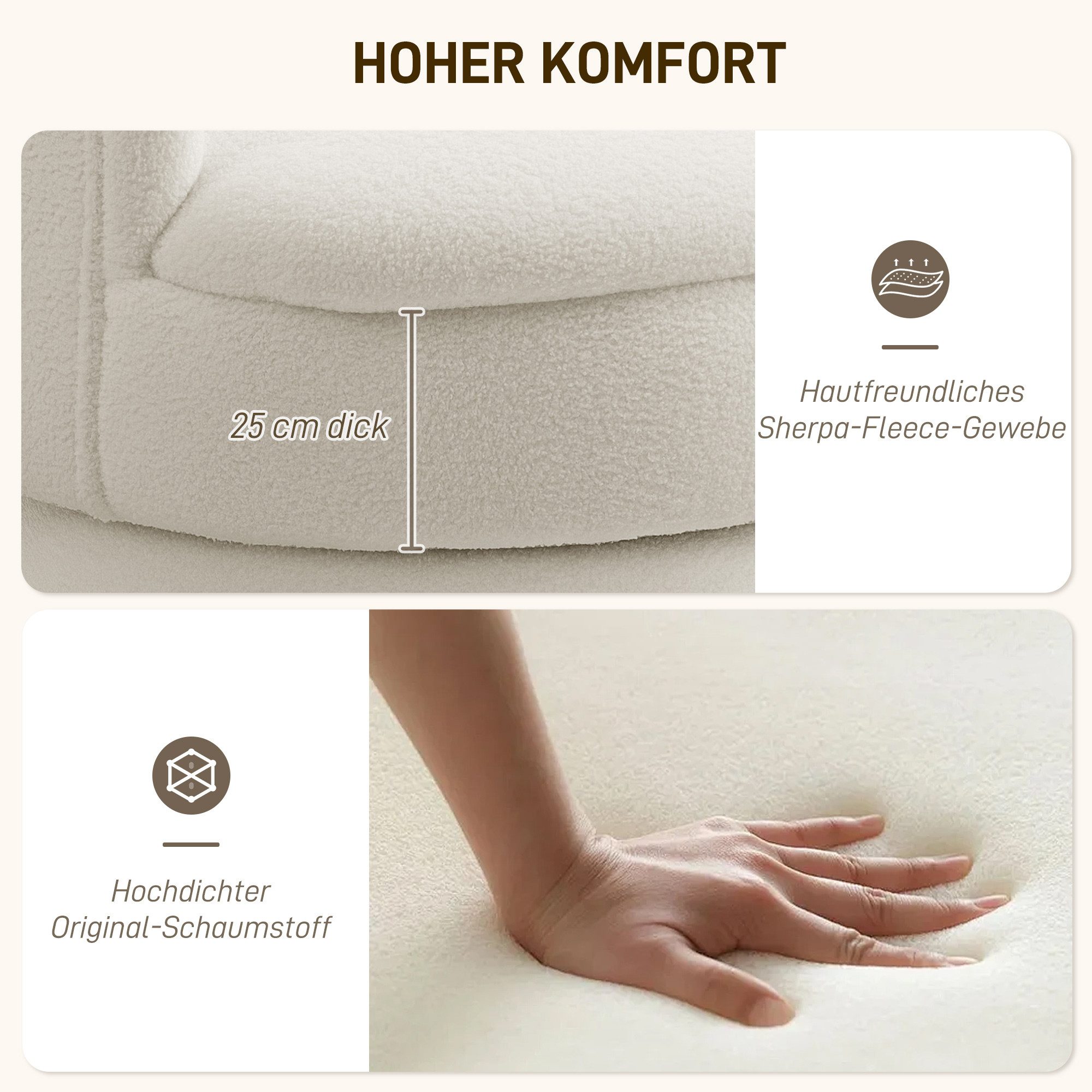 HOMCOM Relaxsessel Sessel Wohnzimmer mit Armlehnen, mit Sherpa-Optik, Polstersessel (Loungesessel, 1-St., Lesesessel), für Schlafzimmer Cremeweiß – Bild 5 von 5