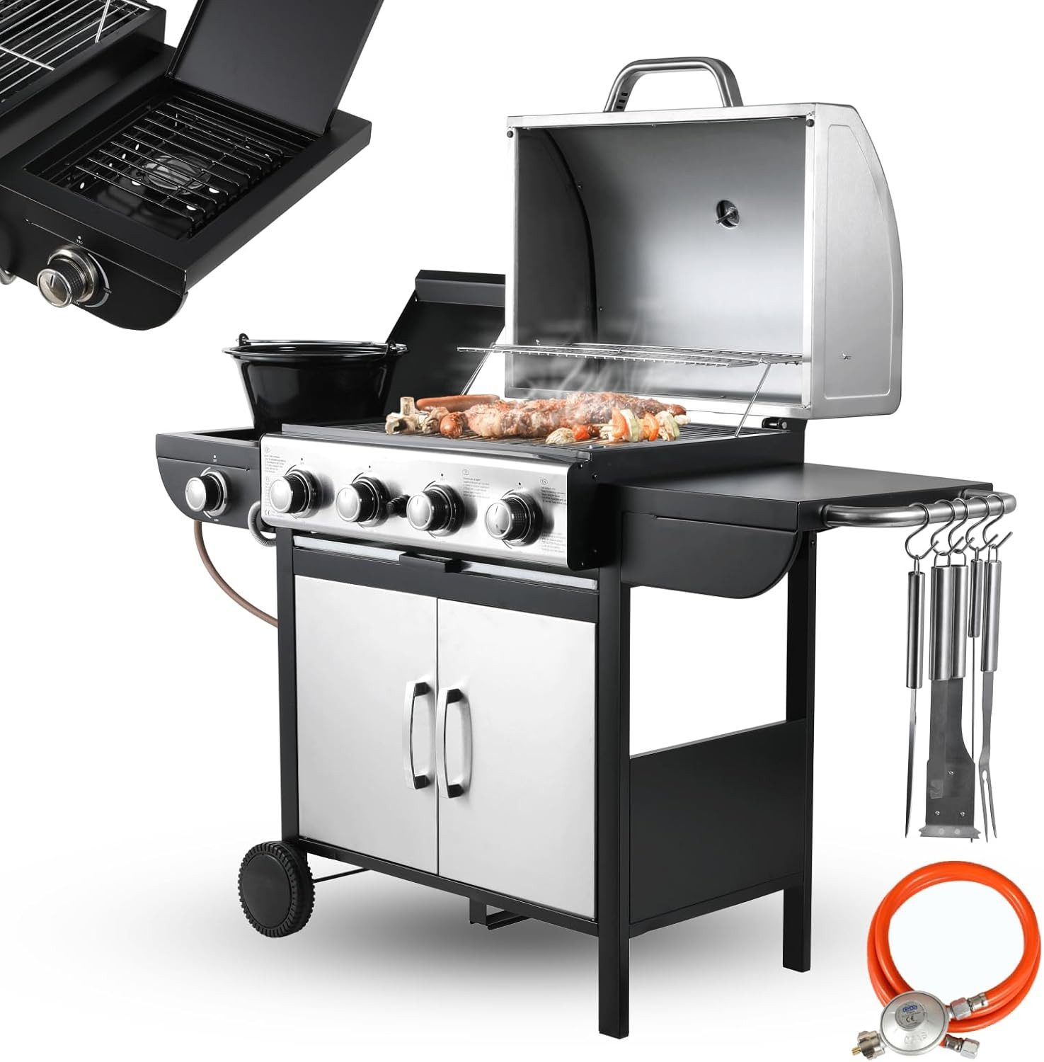 TLGREEN Camping-Gasgrill Brenner Gasgrill,Hochleistungsbrenner, Impulszünd, BBQ Grillwagen 4+1