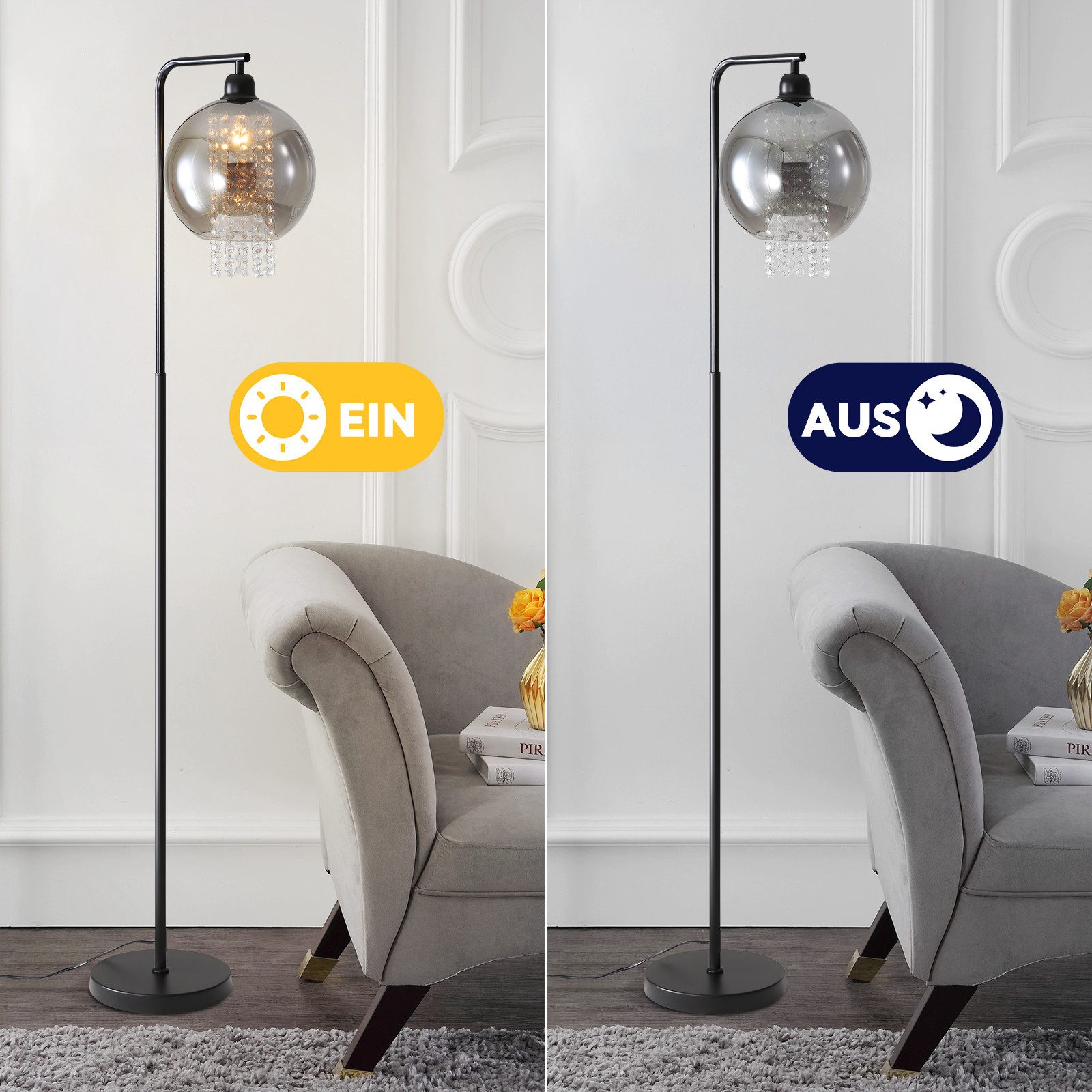ZMH Stehlampe Wohnzimmer Modern E27 Rauchglas Stehleuchte Schlafzimmer für Büro Sofa, ohne Leuchtmittel, Rauchgrauer Glasschirm,Leselampe für Sofabereich, Hotel – Bild 4 von 5