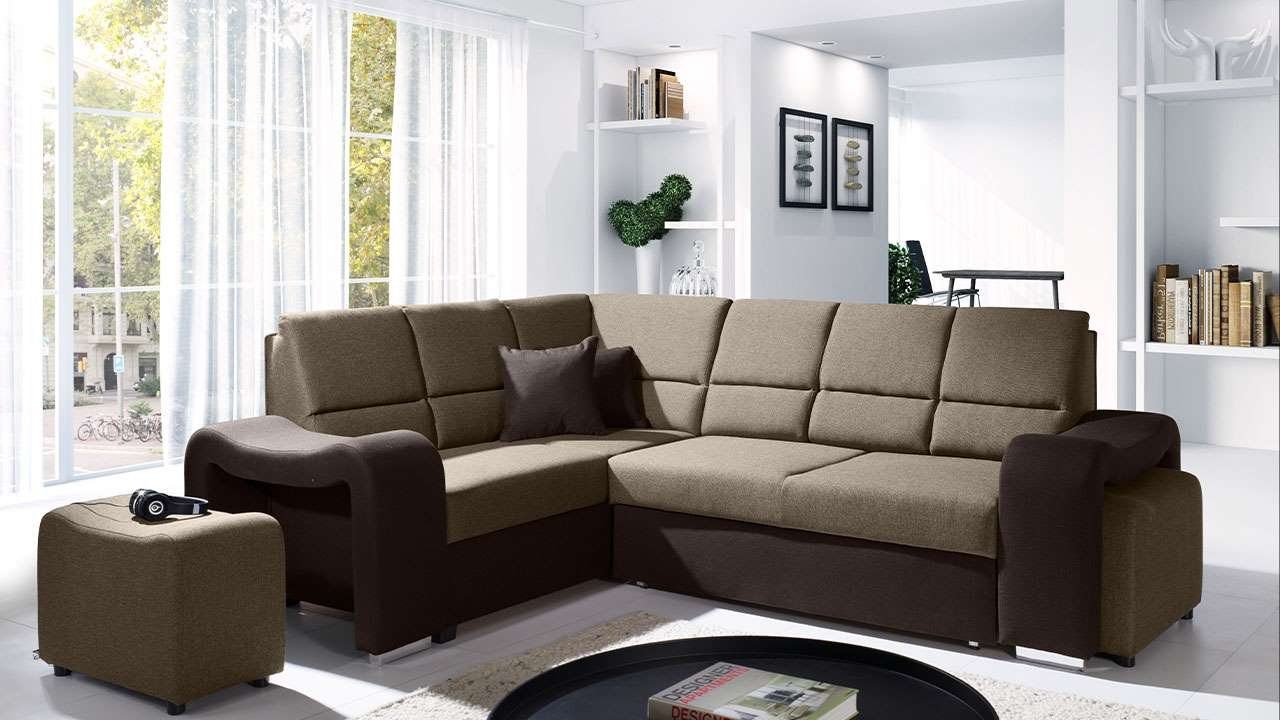 MKS MÖBEL Ecksofa AKIWA, Wohnlandschaft - L-Form Couch mit Schlaffunktion, 2 Hocker Dunkelbraun und Hellbraun