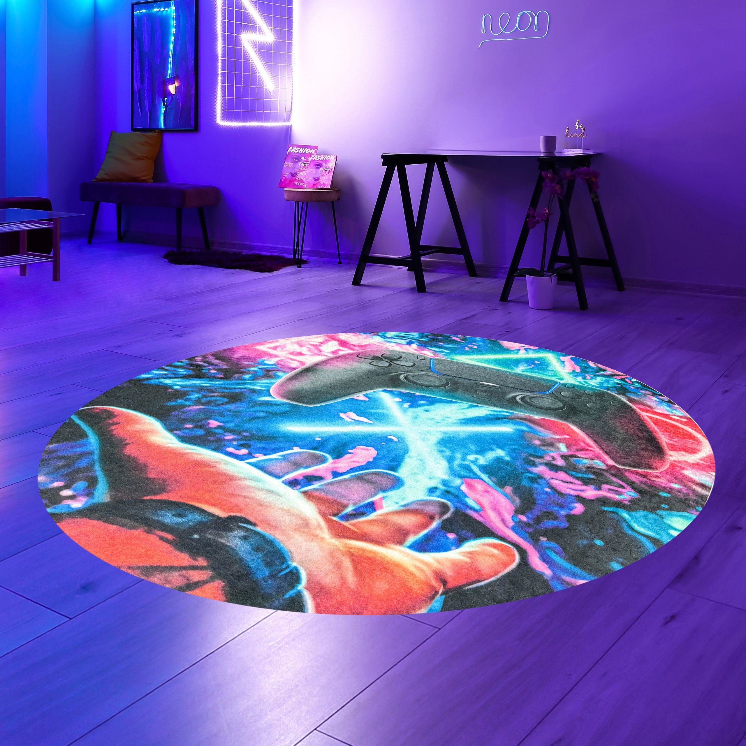 Carpetia Teppich Gaming-Teppich mit lebendig-bunten neon-farben, rund, Rutschfest