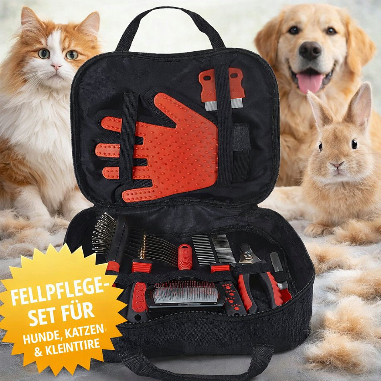 Koopman Fellpflege Tierpflegeset Haustierpflege Fellhandschuh Nagelschere Bürsten 9tlg, (Set, 9-St., Packung), Haustierset, Katze, Hund, Hase, Kleintiere