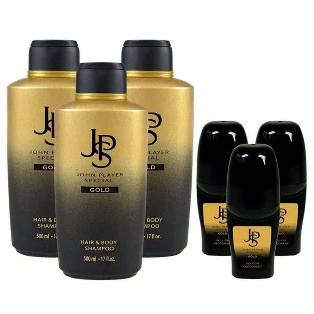 John Player Special Haarshampoo Gold Hair & Body Shampoo 3x500 ml & Deo Roll-On 3x50 ml, 6-tlg.