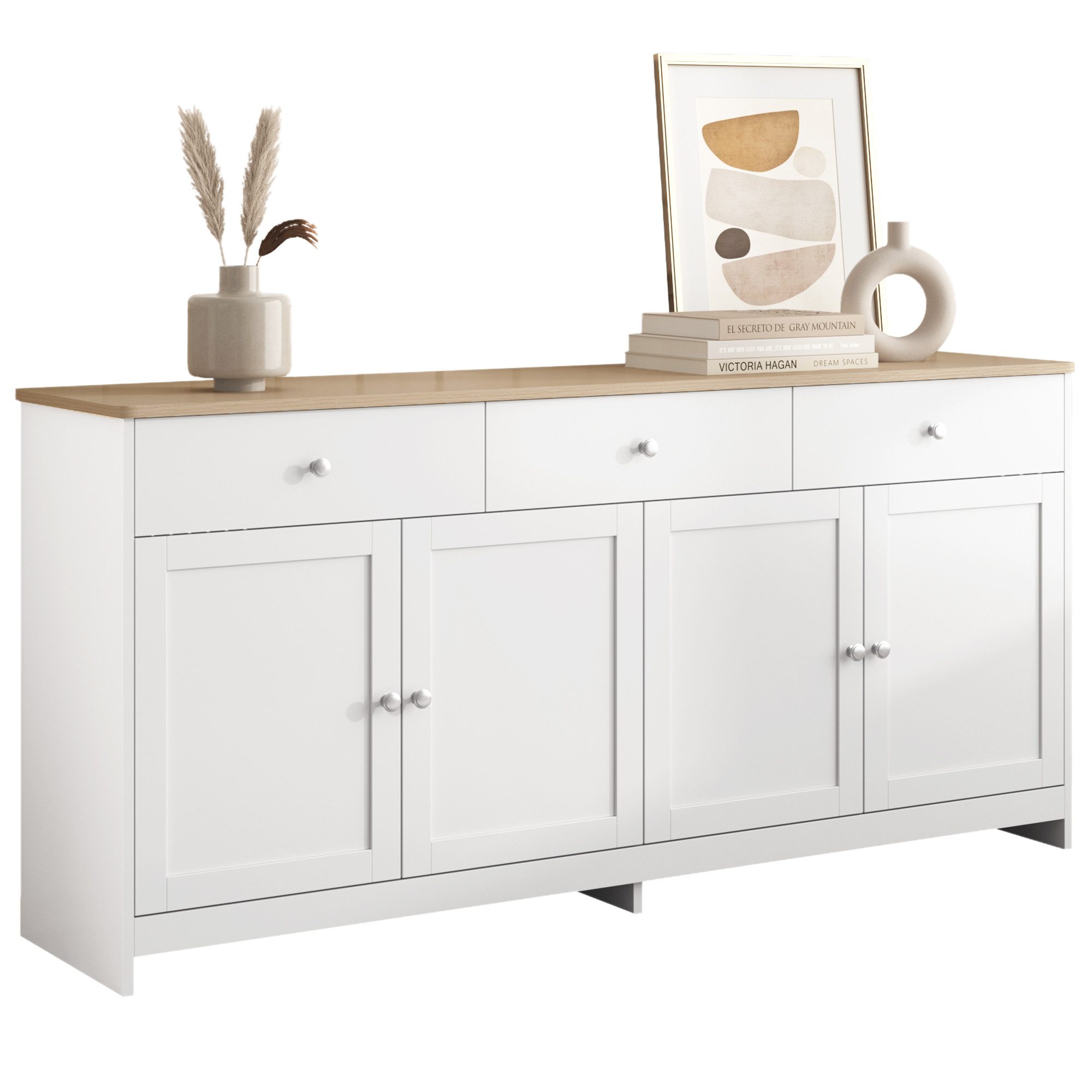 Merax Kommode Aufbewahrungsschrank mit drei Schubladen und vier Klappen, Sideboard im Landhausstil,Anrichte,Wohnzimmerschrank,B:160cm