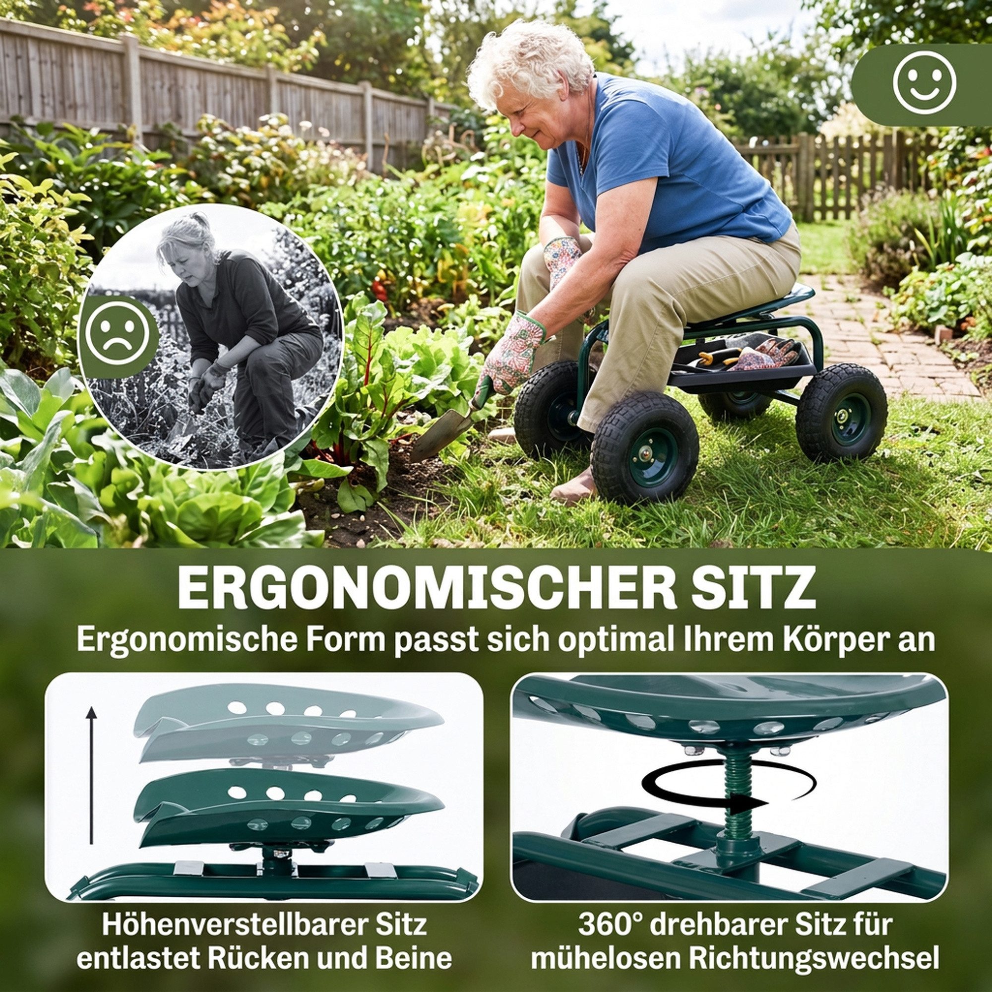 Outsunny Werkzeugwagen Rollsitz Werkstattwagen mit Ablage Korb, mit Stauraum, max. Traglast:150 kg, (Gartenrollsitz, 1-tlg., Arbeitssitz), für kleine Gartengerä – Bild 4 von 5