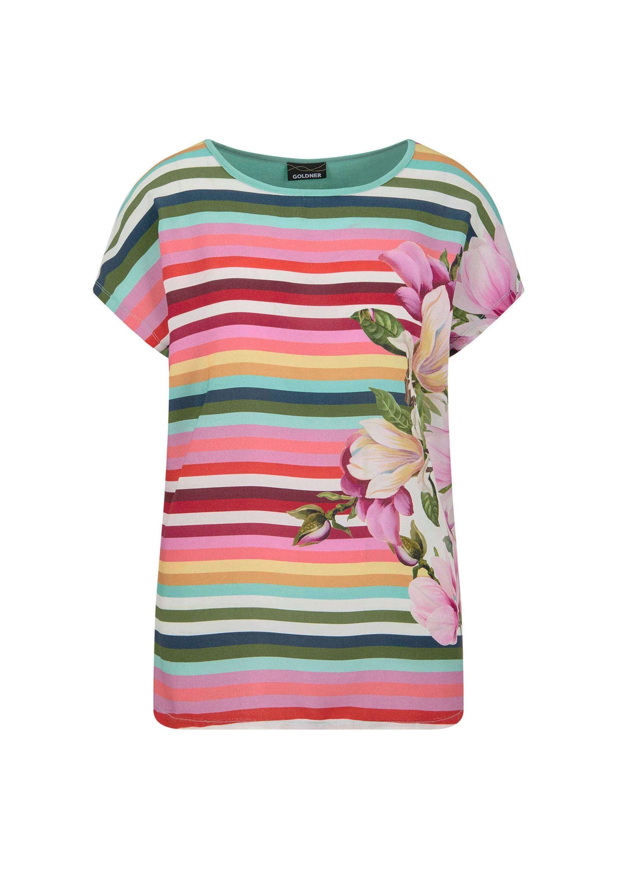 GOLDNER Schlupfbluse Kurzgröße: Streifenshirt mit floralen Akzenten Viskoseshirt mit U-Boot-Ausschnitt, Jersey-Rückseite und ohne Arm