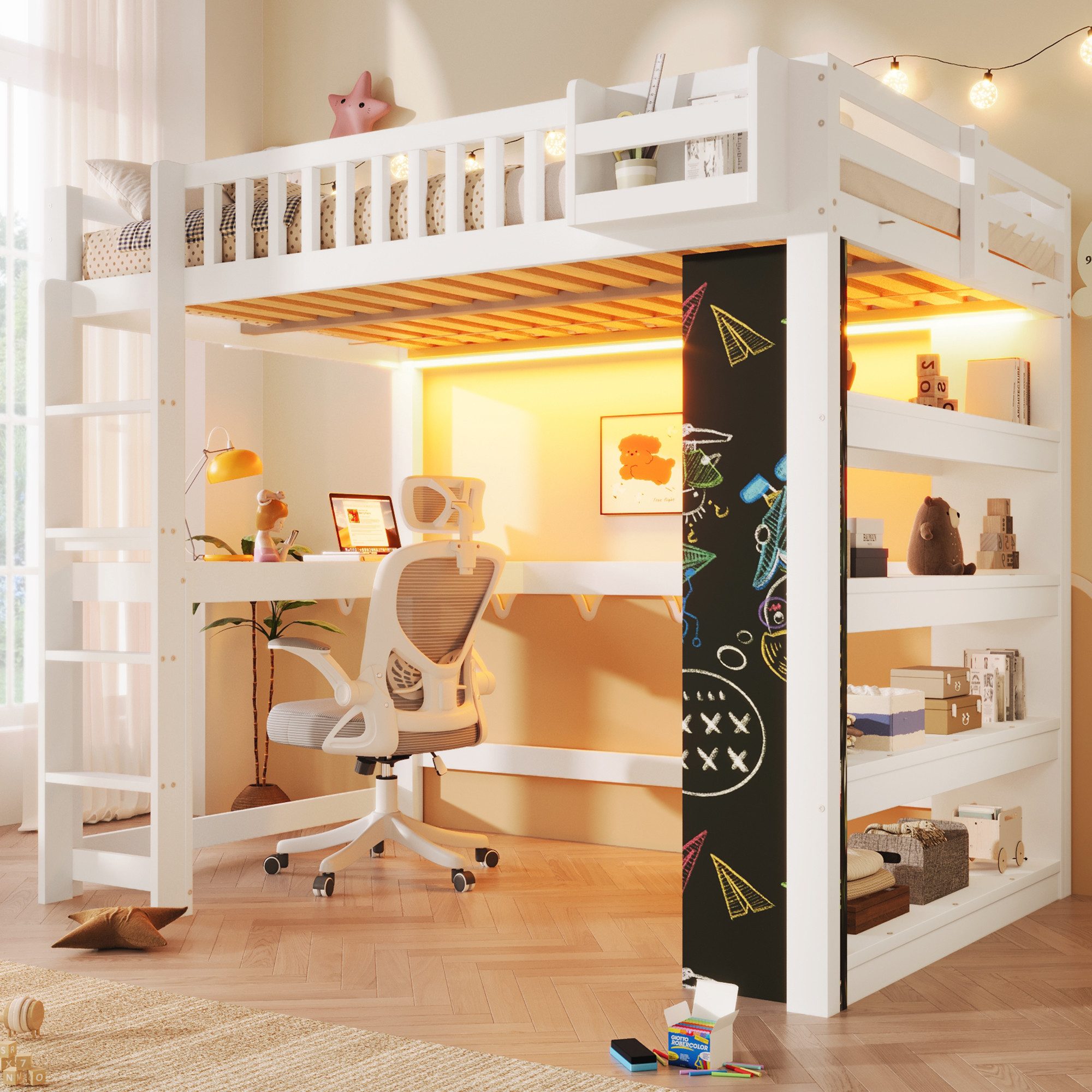 Flieks Hochbett Kinderbett 140×200cm mit Kreidetafel Schreibtisch Regal LED-Leiste