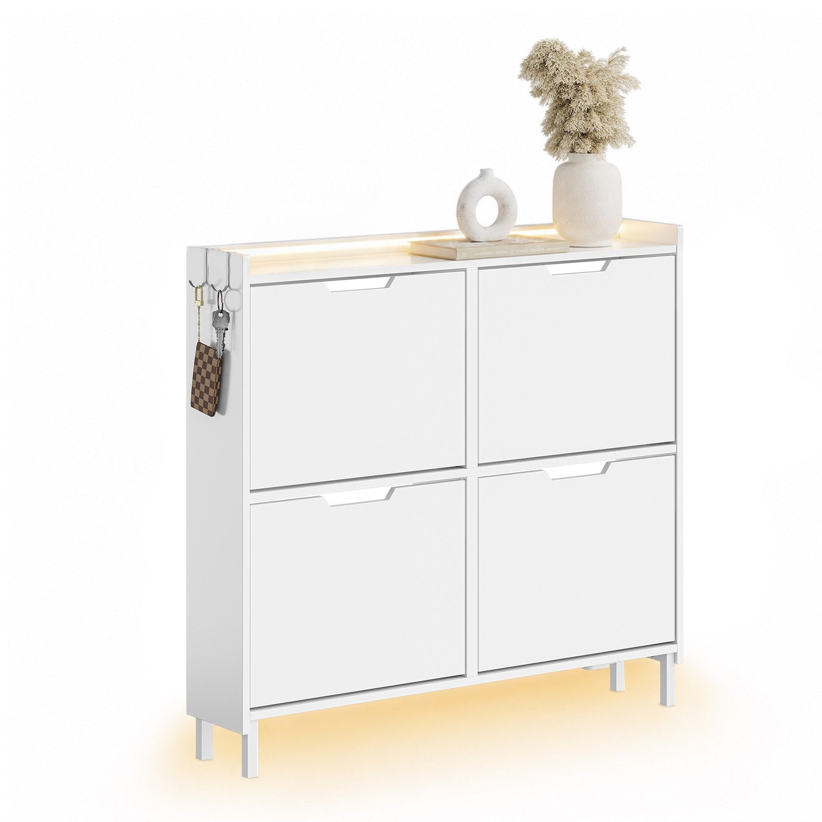 SoBuy Schuhschrank FSR100, Schuhschrank schmal, Schuhregal Schuhkipper Flurschrank, Licht Schuhschrank hängend, mit Sensorlicht, 4 Klappen, Schuhaufbewahrung