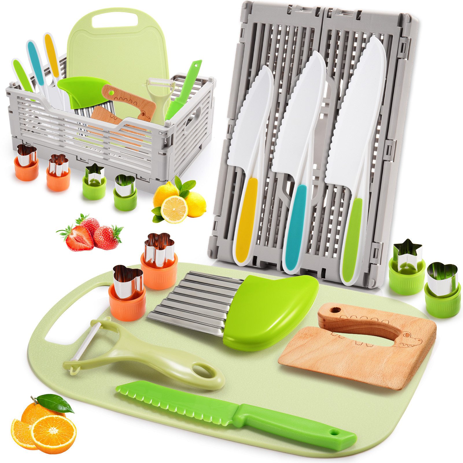 Wootoy Kinder-Küchenset Küchenspiele Kinder Küchenmesser Set 13-teilig mit Aufbewahrungsbox, (Lernspielzeug Messerspielzeug für Kinder, 13-tlg., mit Gezahnte Klinge Messern Schneidebrett Schäler Ausstechformen), Ideal für Rollenspiele sowie kreative Familien und Freizeitaktivitäten