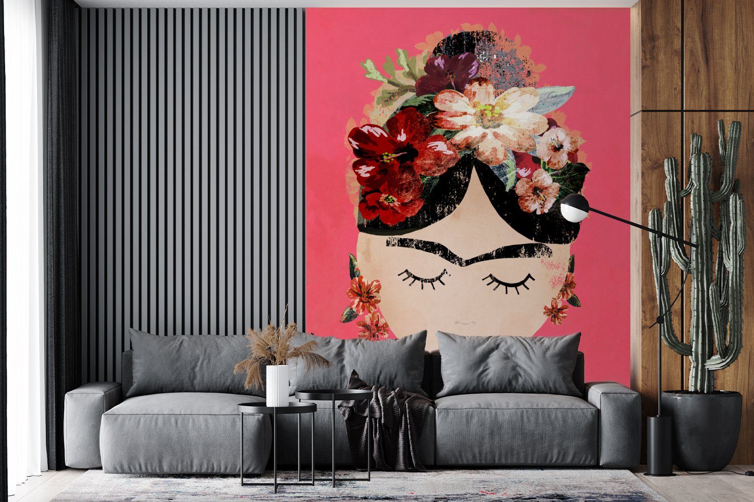 Frau für (4 Kunst, - Frida St), Wohnzimmer, Blumen Montagefertig - Tapete MuchoWow - bedruckt, Kahlo Wandtapete Vintage Vinyl Fototapete Matt, -