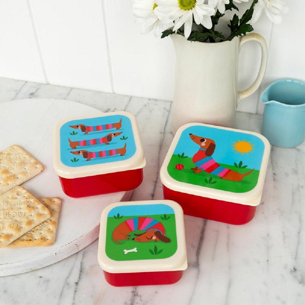 Rex London Lunchbox Snack Box 3er-Set Sausage Dog Dackel, Kunststoff, BPA-frei, (Set, 3-tlg., ca. 11,5 x 11,5 x 5,5 cm (große Box), jede Box mit eigenem Design, – Bild 2 von 2