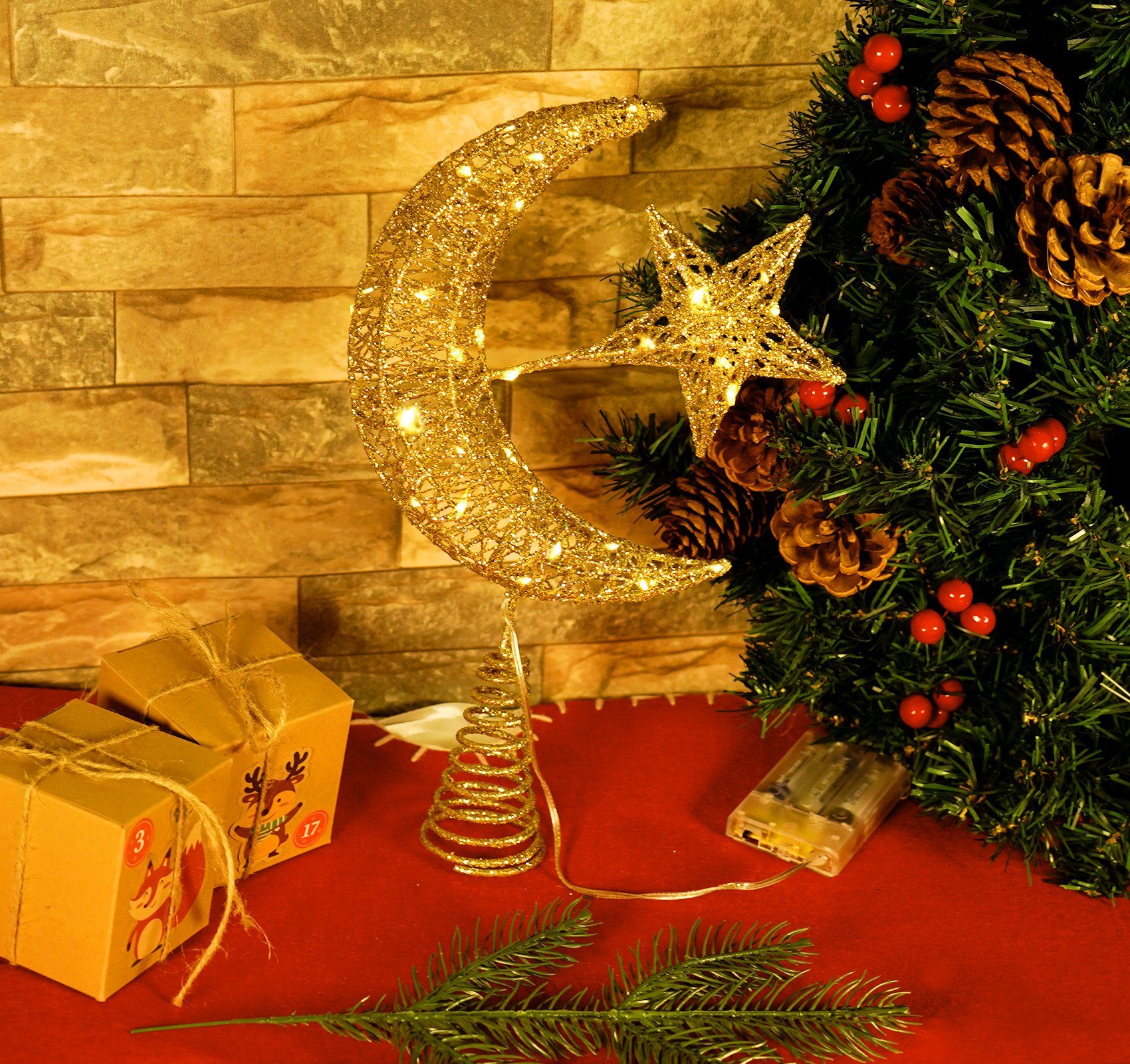 Gold Weihnachtsbaum Mond LED Topper Christbaumschmuck Deko (1-tlg), Dekoration für Urlaub Weihnachtsbaumspitze Weihnachtsfeier Christbaumspitze Homewit