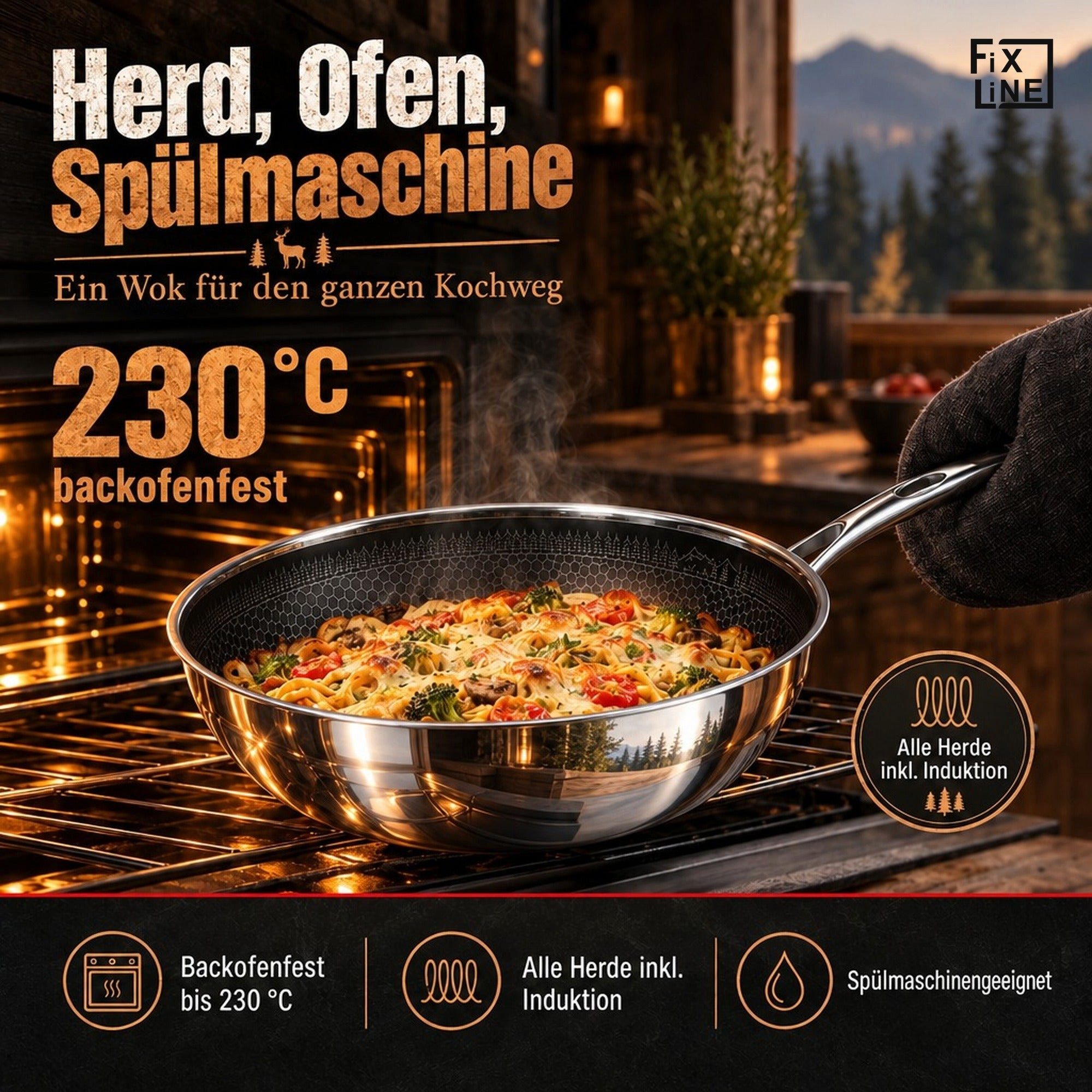 FIXLINE Wok Pfanne 28cm BLACK FOREST Edition Kratzfeste Beschichtung Induktion, Edelstahl (Einzel, 1 Wok Pfanne), Perfekte Geschenk Idee – Bild 5 von 5