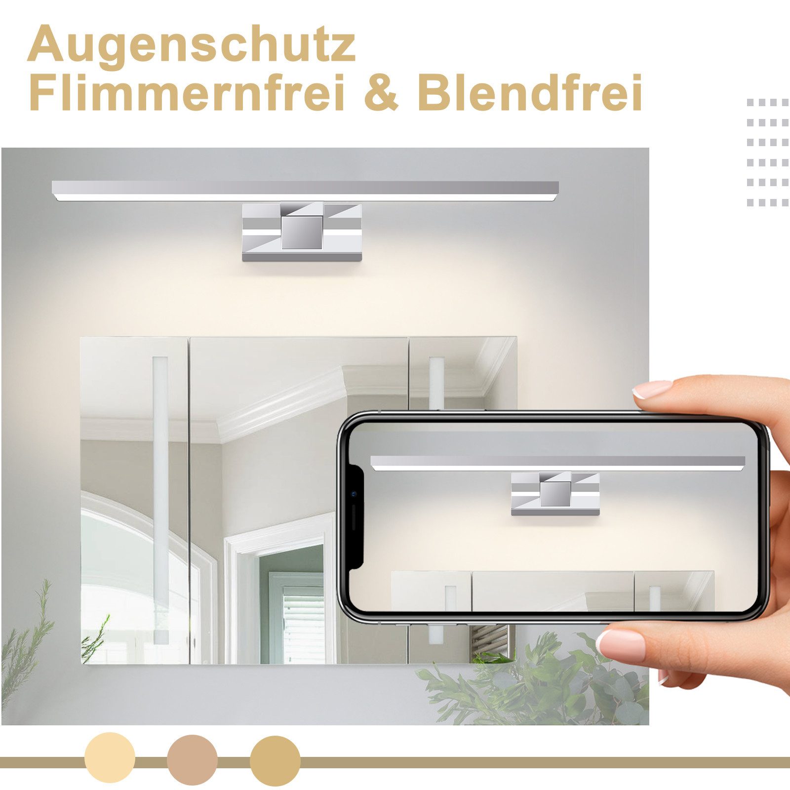 ZMH LED Spiegelleuchte 60cm Modern Chrom Wandlampe 4000K Spiegelschrank, LED fest integriert, Neutralweiß, 12W Spiegel Wandleuchte – Bild 4 von 5
