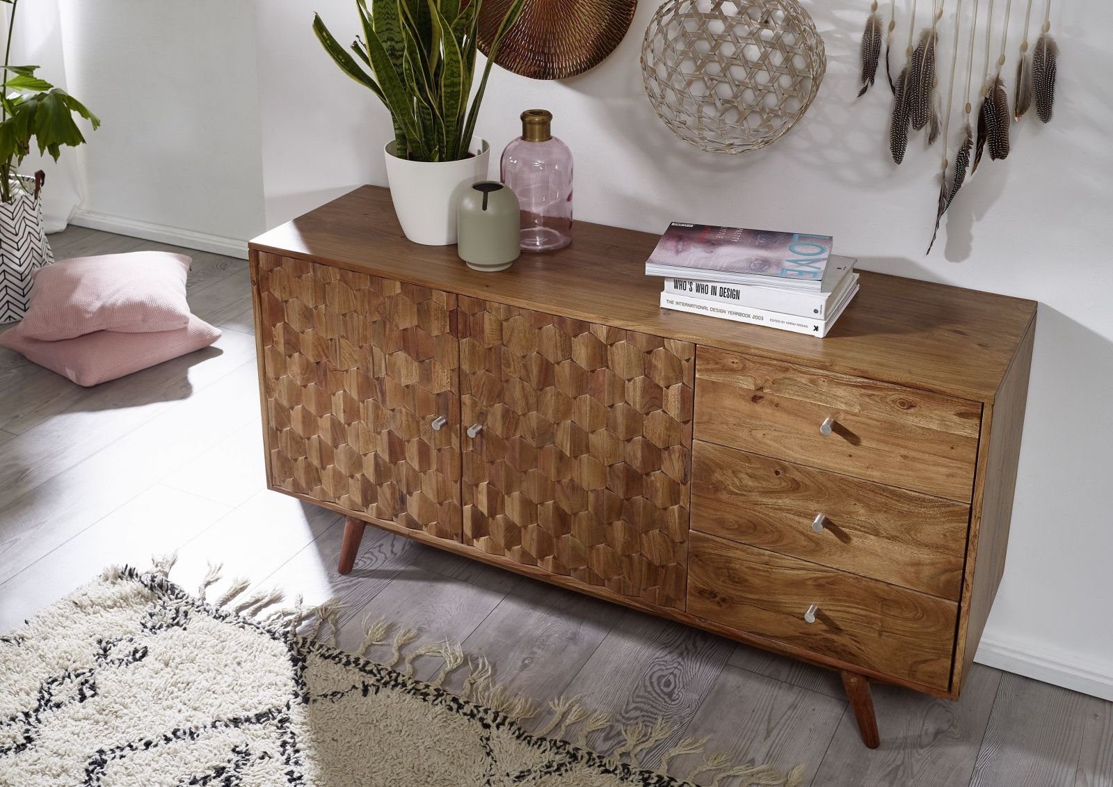 Massivmoebel24 Sideboard MOSAYK Akazie Massivholz natur (Massivholz montiert 57 kg MOSAYK #106), Akazie 145x42x75 cm (BxTxH) natur lackiert – Bild 2 von 5