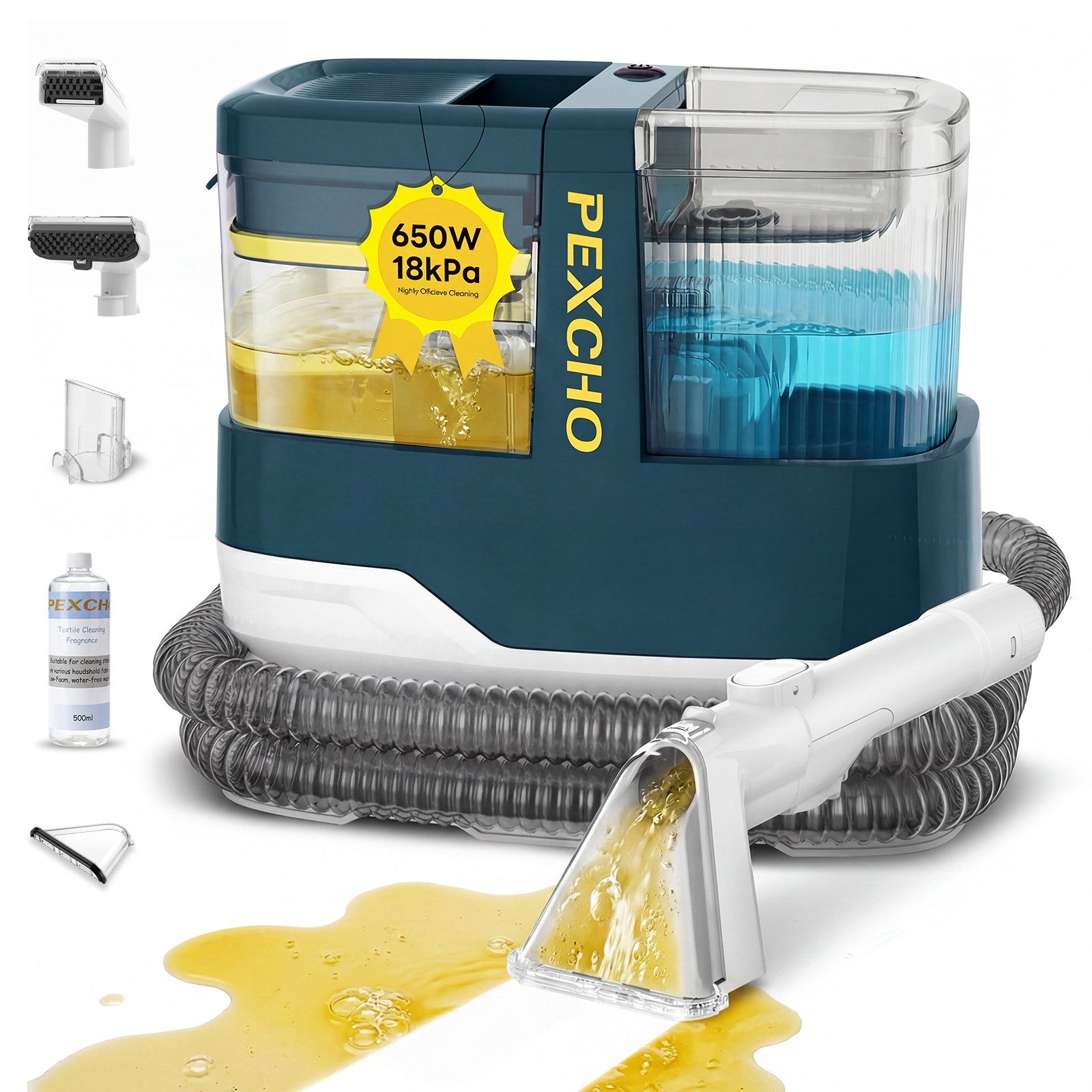 PEXCHO Teppichreinigungsgerät C688D Waschsauger Teppichreiniger, Nasssauger Polsterreiniger, 600 W, mit Beutel, inkl.Reinigungsmittel, Sofa, Vorleger, Auto