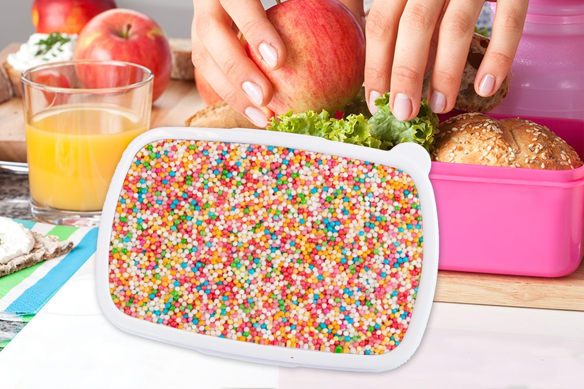 Erwachsene, rosa MuchoWow Kunststoff, Lunchbox in Snackbox, Kinder, Brotdose Regenbogenfarben, Zuckerkugeln Brotbox (2-tlg), Kunststoff Mädchen, für