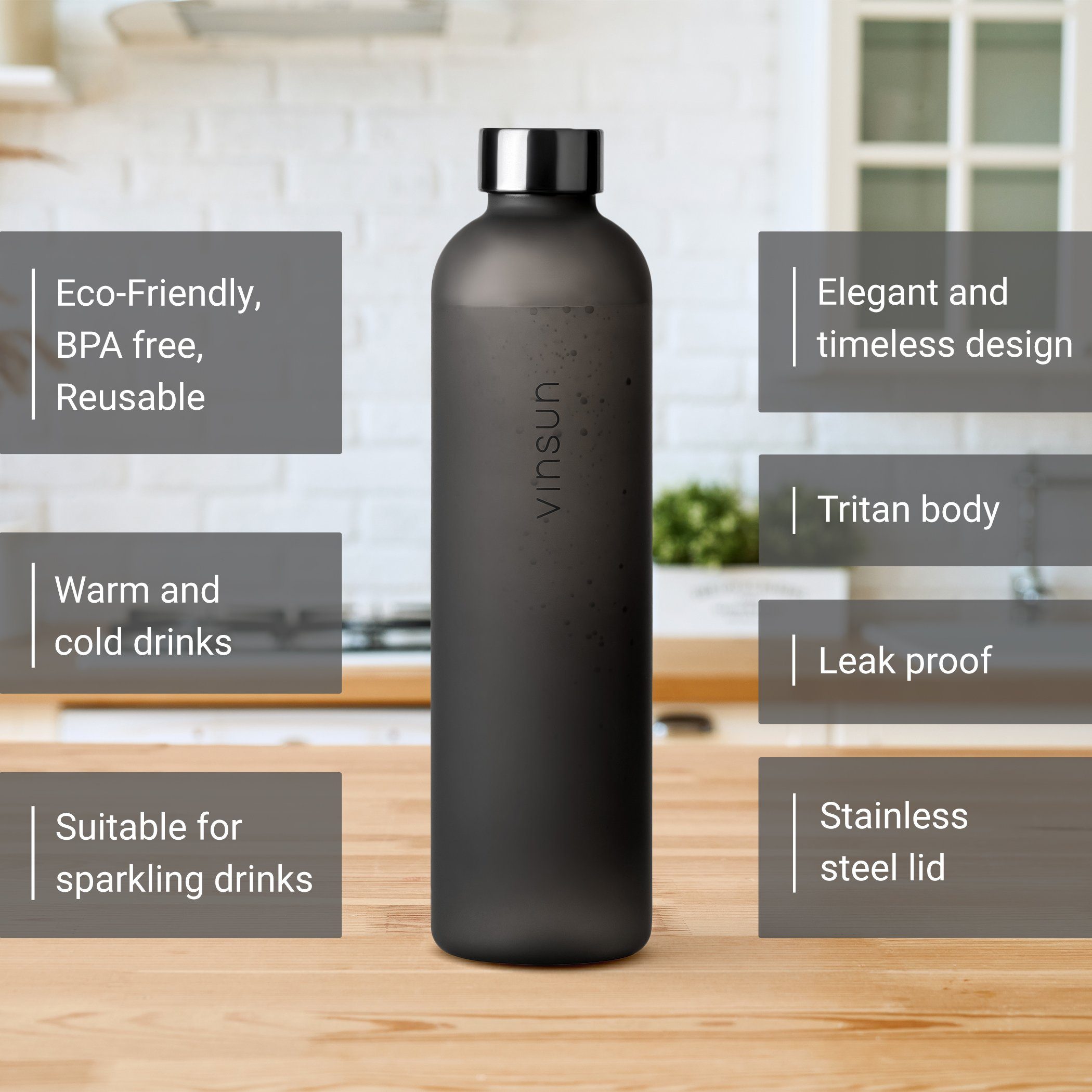Geruchs- geeignet, Trinkflasche - Geschmacksneutral, Schwarz auslaufsicher und Wasserflasche, Vinsun frei, Trinkflasche BPA auslaufsicher bruchsicher, 1L Kohlensäure -