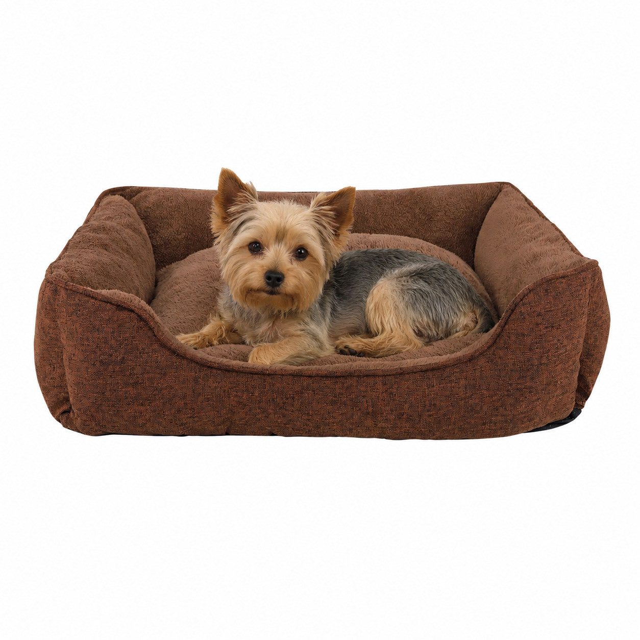 lionto Hundebett mit abnehmbaren Bezug, modernes Hundesofa 75x60 cm, braun, Textil, rutschfeste Unterseite & weiches Plüsch-Innenmaterial