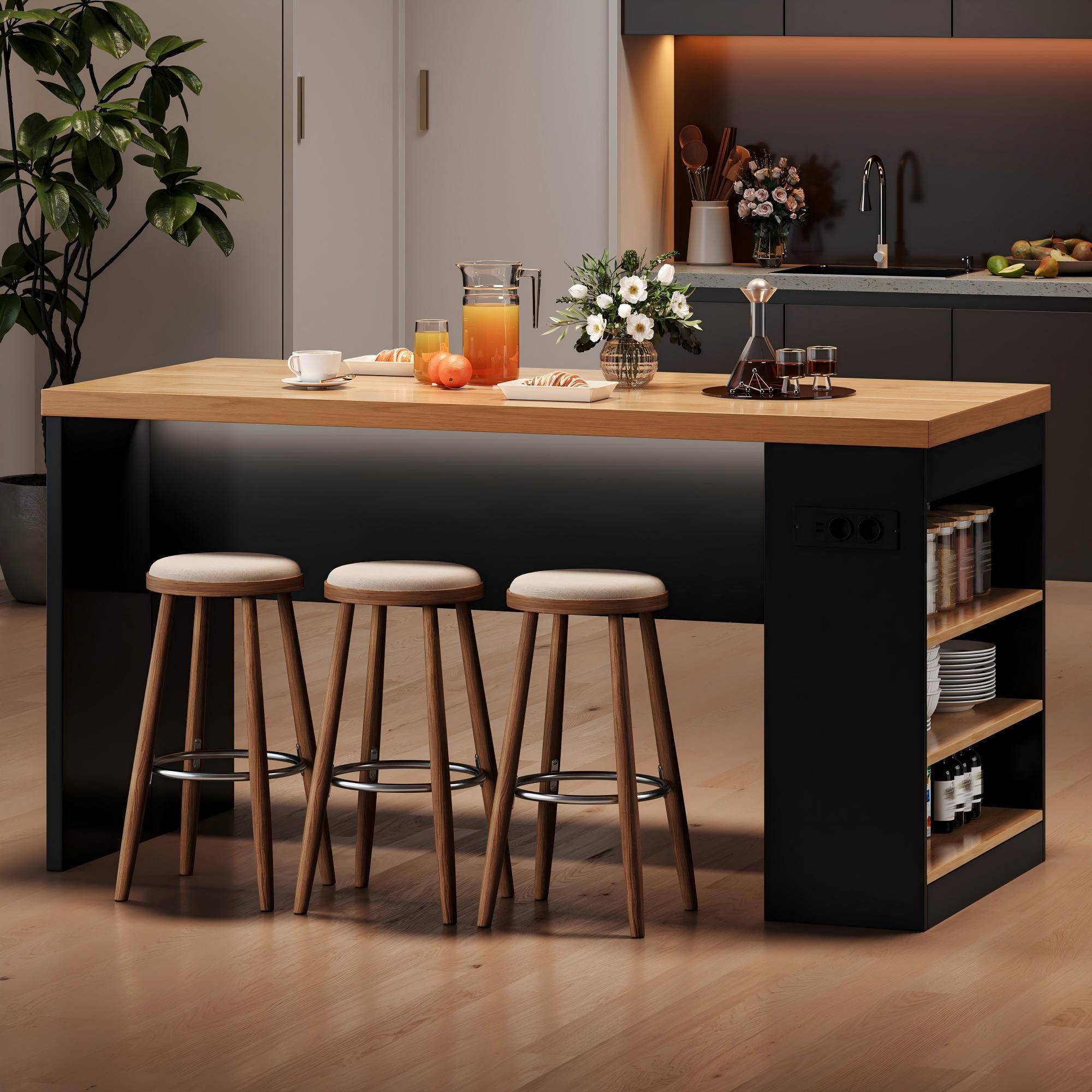 Flieks Kücheninsel mit Arbeitsplatte, LED-Beleuchtung, Steckdose,3 offenen Seitenablagen, (155x80x90 cm, Mehrzweckschrank mit 2xAC+2xUSB), multifunktional Küchenschrank mit Ladenfunktion, Holzoptik & Schwarz