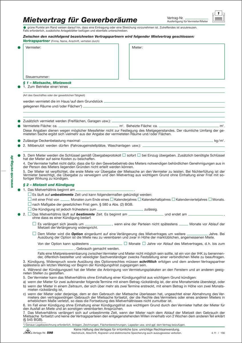 Organisationsmappe 598 Mietvertrag für Gewerberäume 6 Seiten gefalzt auf DIN A4