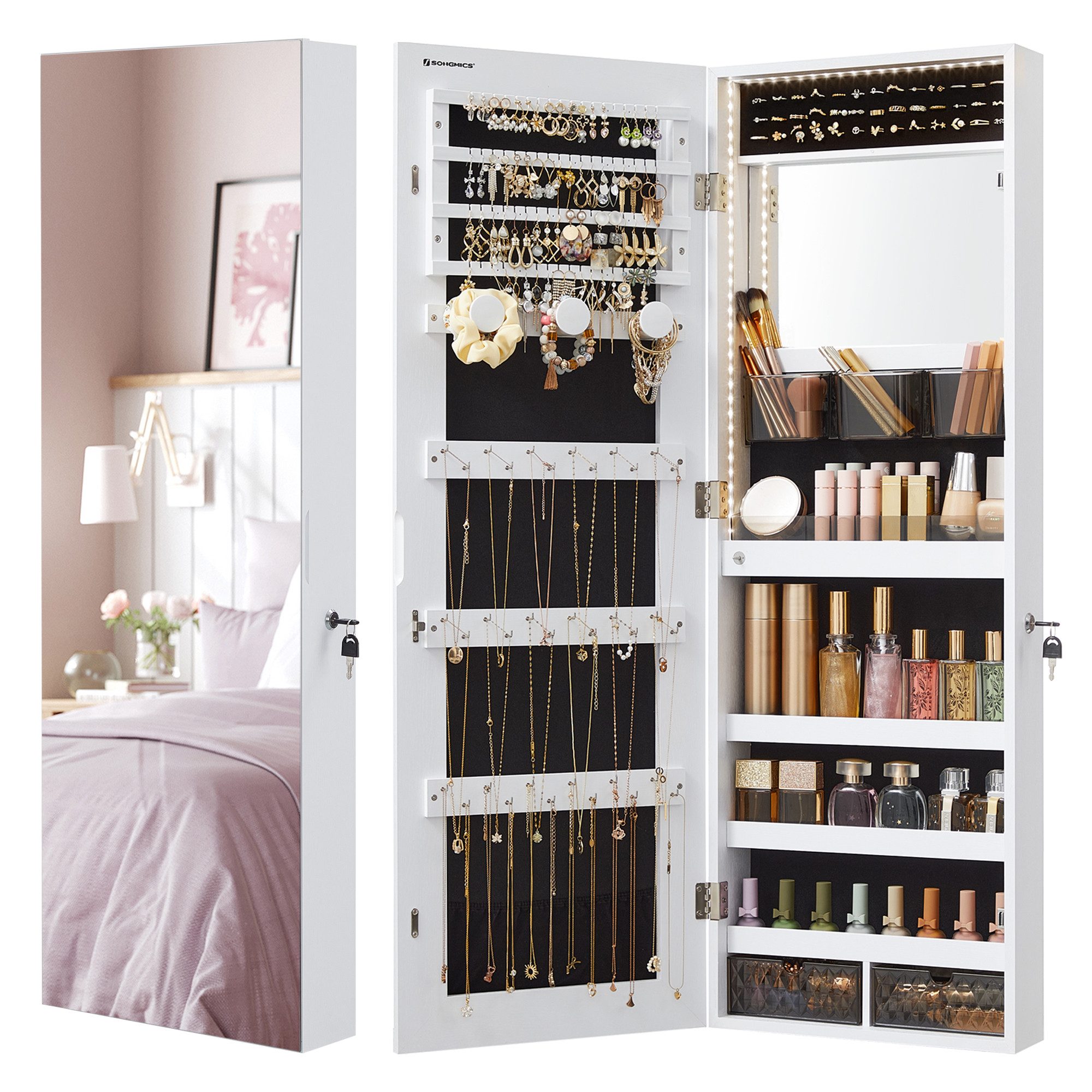 SONGMICS Schmuckschrank Spiegelschrank mit LED-Beleuchtung, Make-up-Spiegel günstig online kaufen