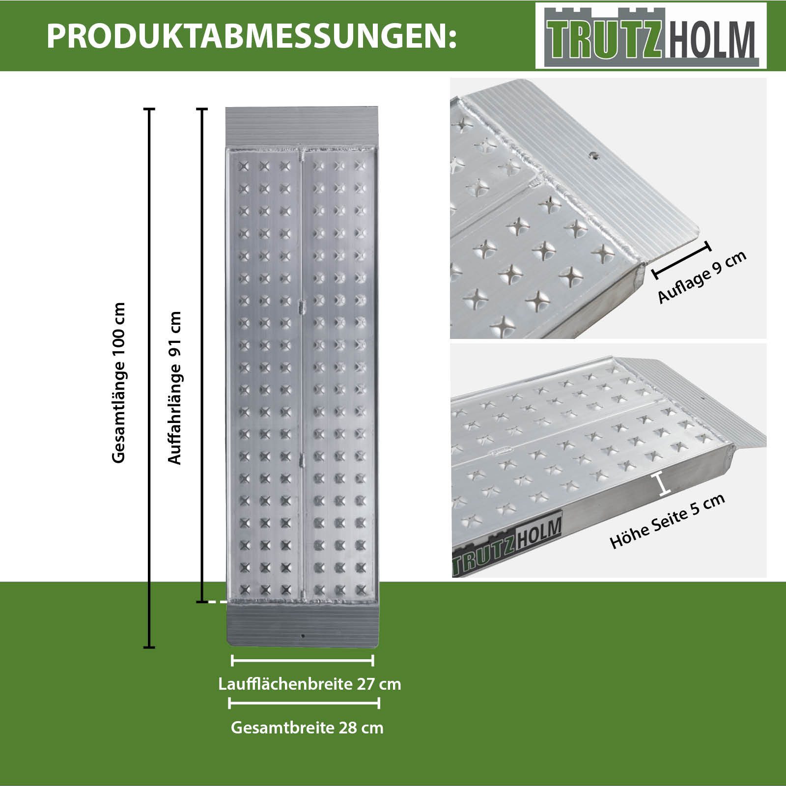 TRUTZHOLM Auffahrrampe 100x28 cm 270 kg Alu gelocht Verladerampe mit Sicherungsbolzen (Artikel, 1-St), profilierte Oberfläche