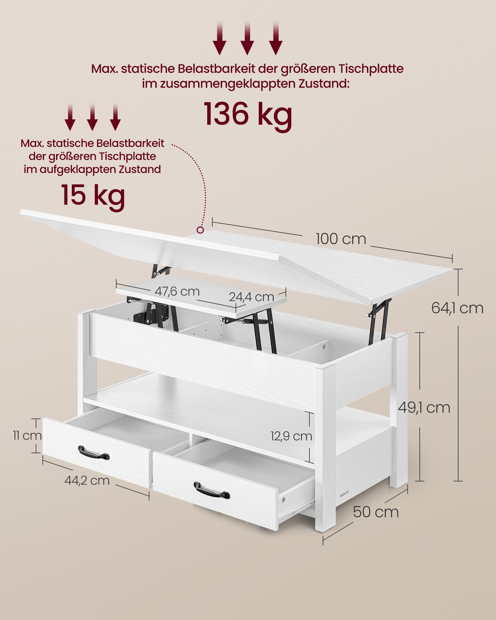 VASAGLE Couchtisch, Wohnzimmertisch, Doppel-Hebemechanismus, höhenverstellb günstig online kaufen