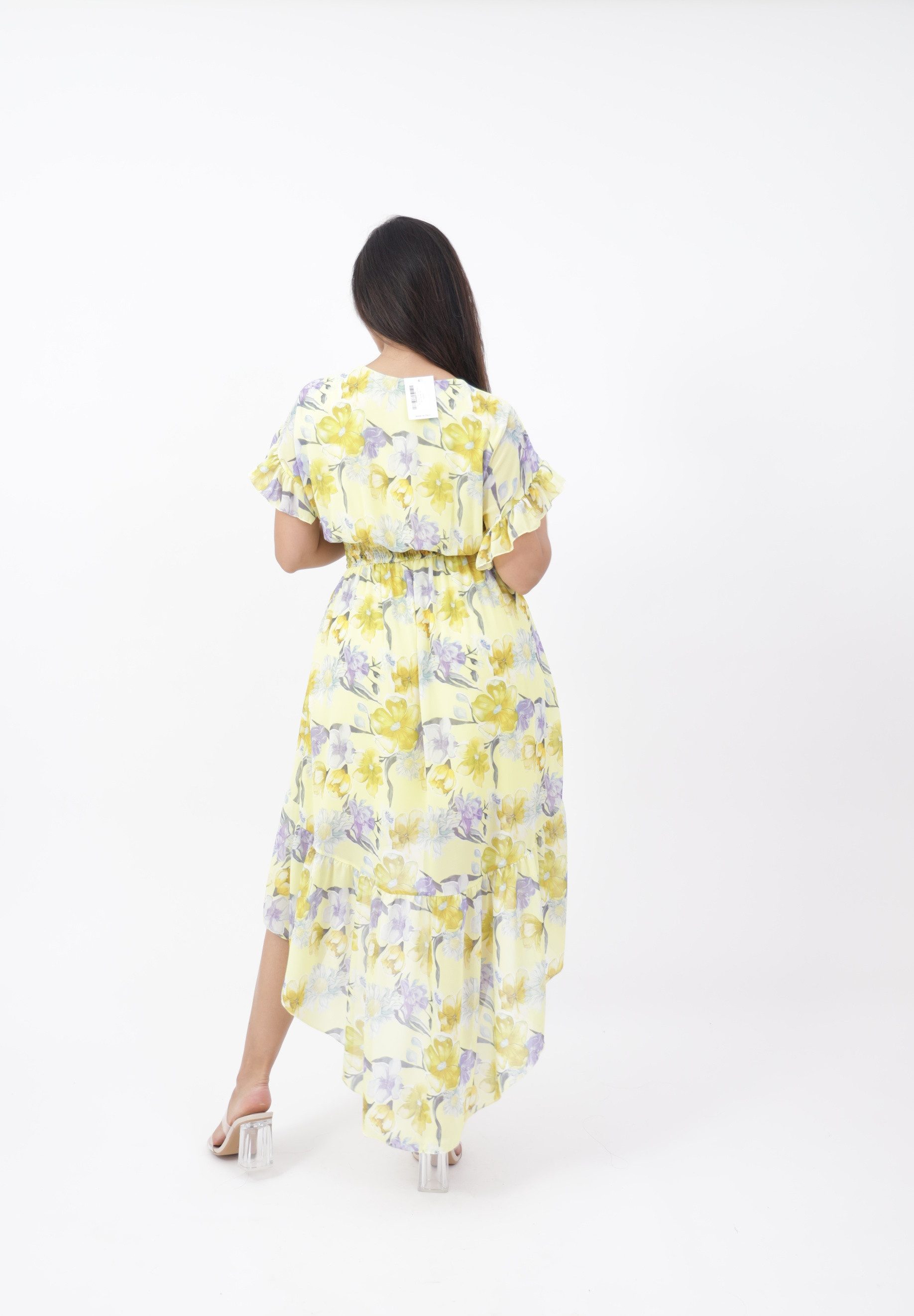 Elara Sommerkleid Damen Vokuhila Kleid – Chiffon Sommerkleid mit Floral Blumenmuster mit Muster