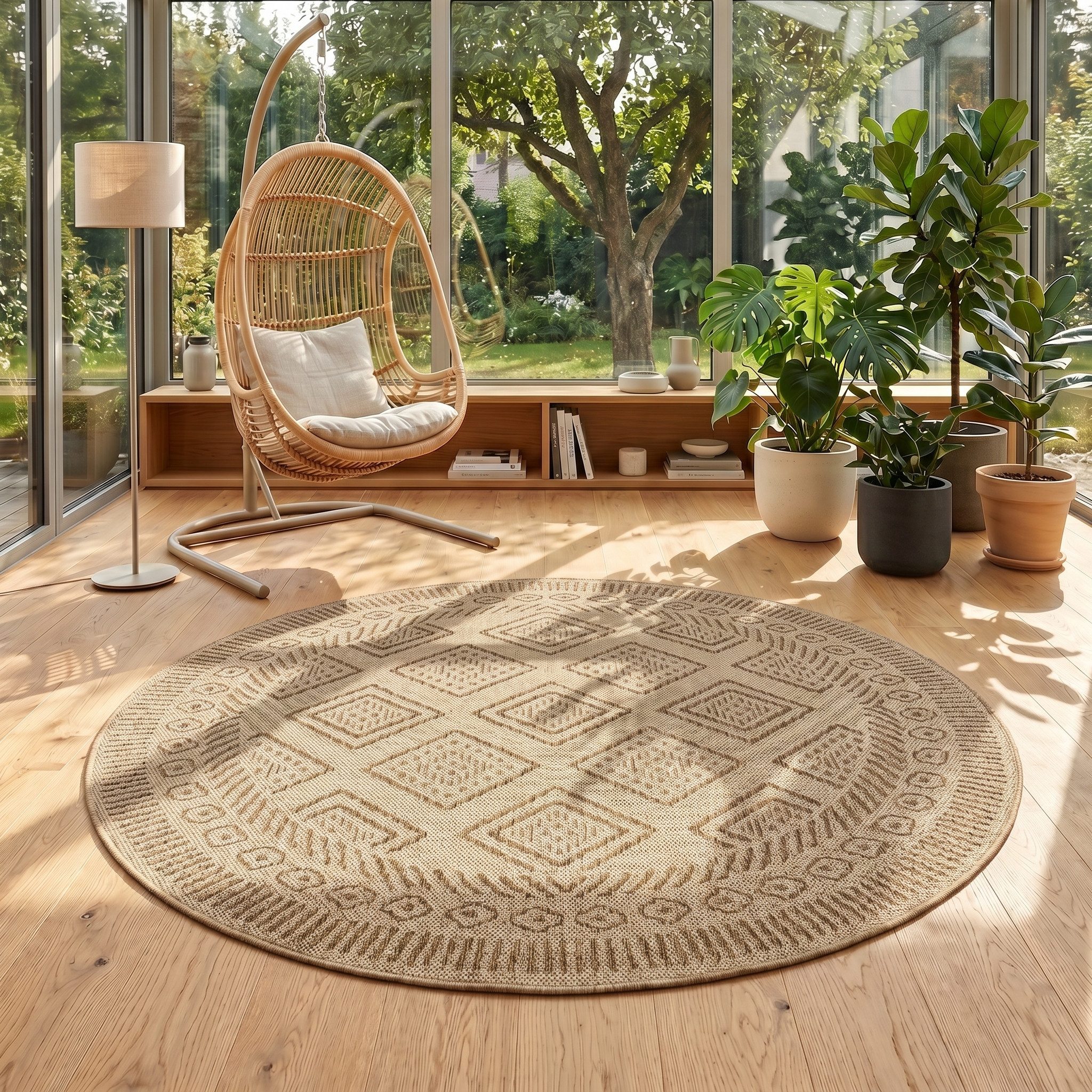 Teppium Teppich Ethno, Rund, Höhe: 3 mm, Teppich Wetterfest Waschbar Balkon, Garten, Terrasse und Küchenteppich