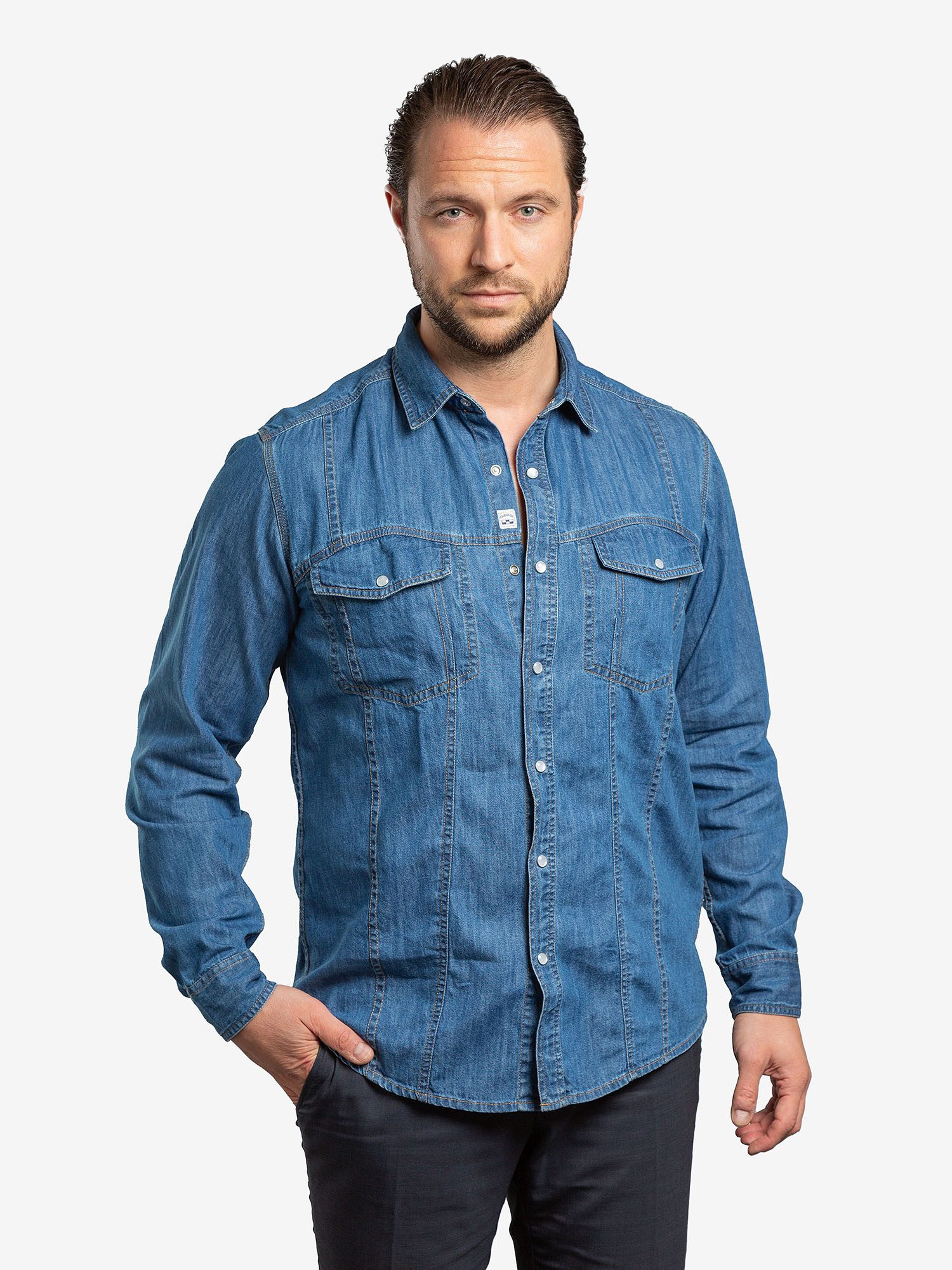 Checker Jeanshemd Dynasty Denim bluse longsleeve langarm