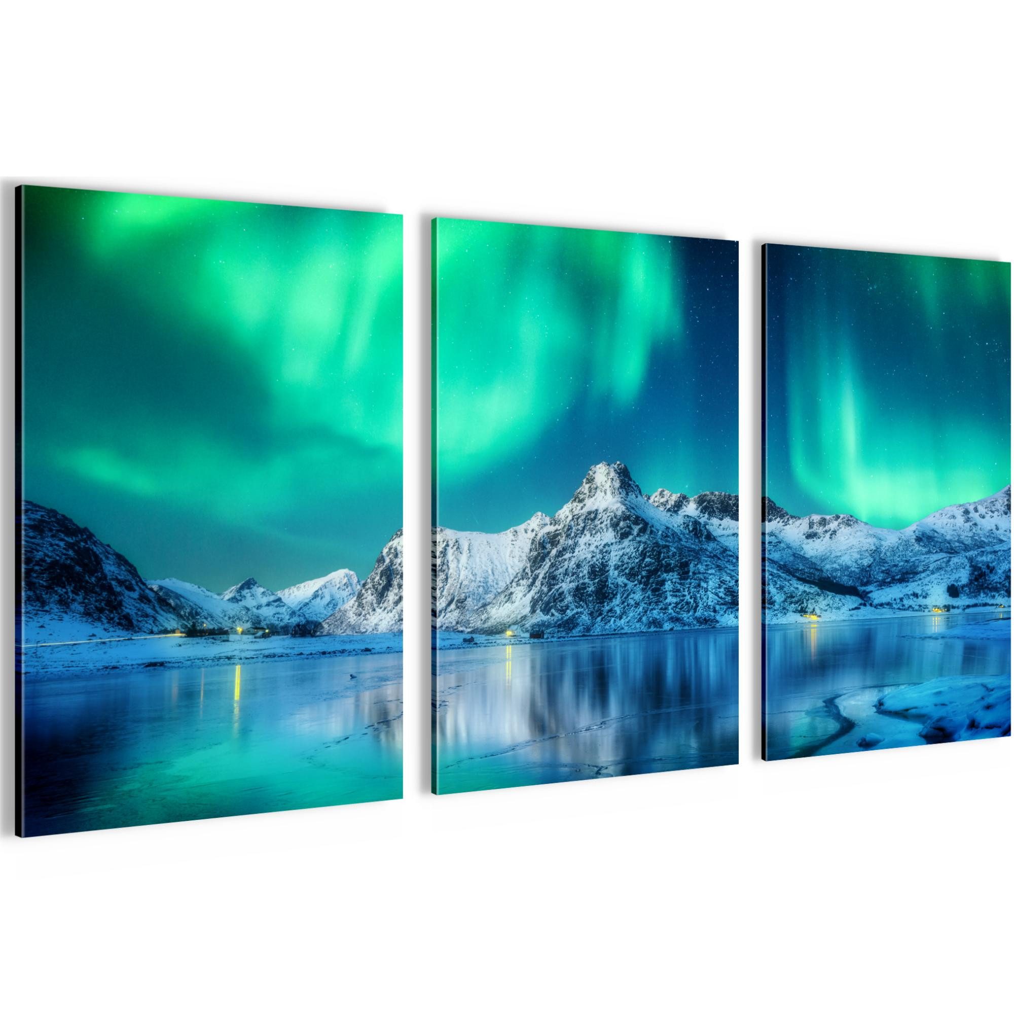 Novart Wandbild Polarlicht Nachthimmel AUFHÄNGFERTIG Flur Deko Grün Blau N034836b, 40 x 60 cm - 3 Bilder